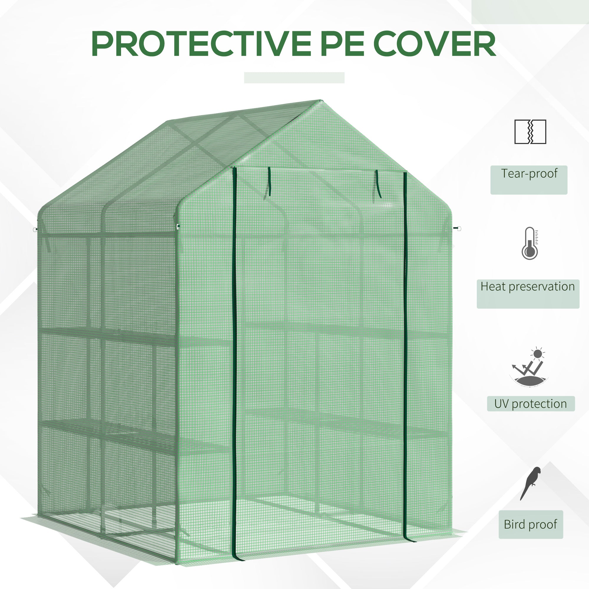 Outsunny Walk in Garden Greenhouse with Shelves Polytunnel Steeple Green house Grow House Removable Cover 143x138x190cm, Green - North Peak Garden Furniture