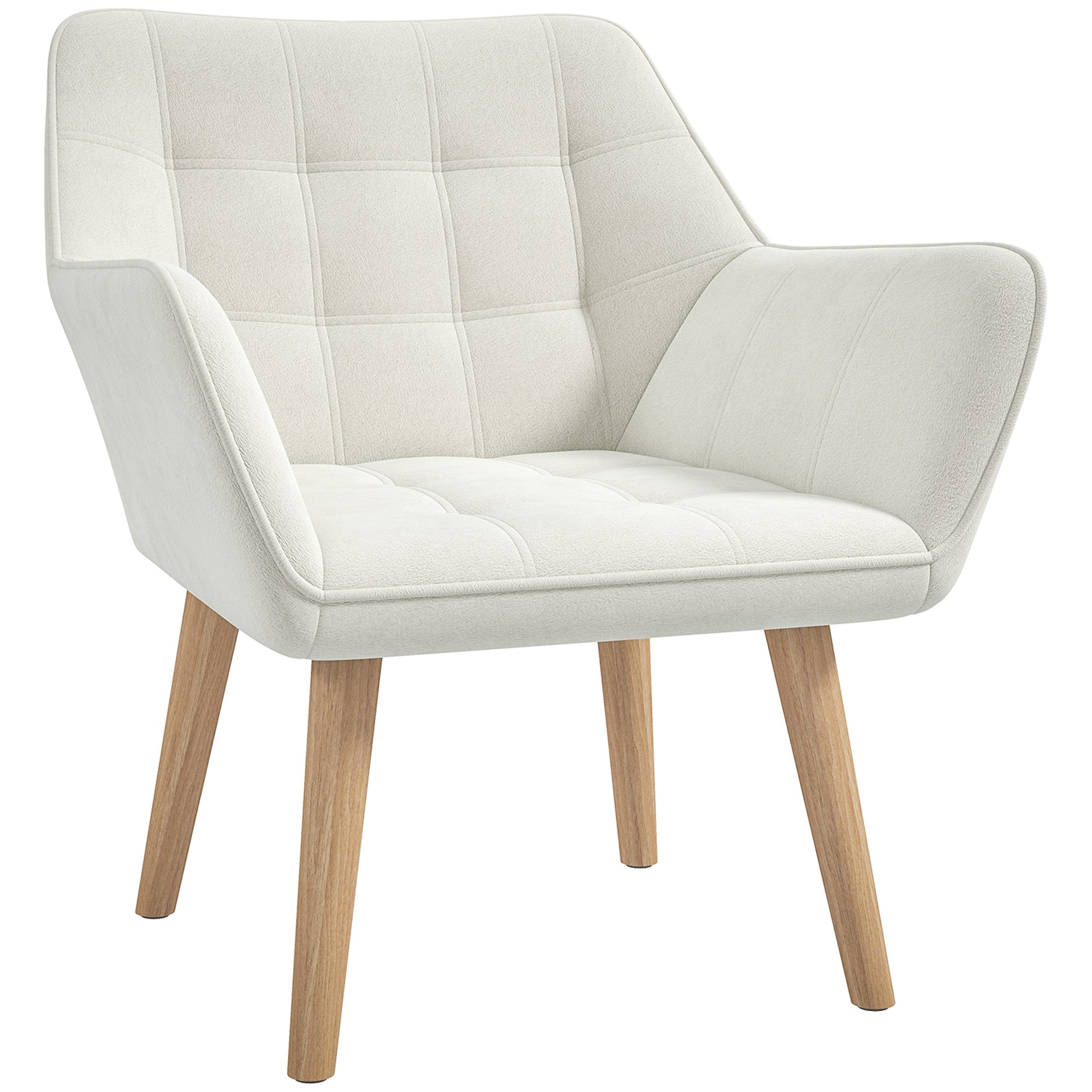 HOMCOM Accent Chair, Arm Chair with Wide Arms, Slanted Back, Thick Padding and Rubber Wooden Legs for Living Room, Cream White - North Peak Garden Furniture