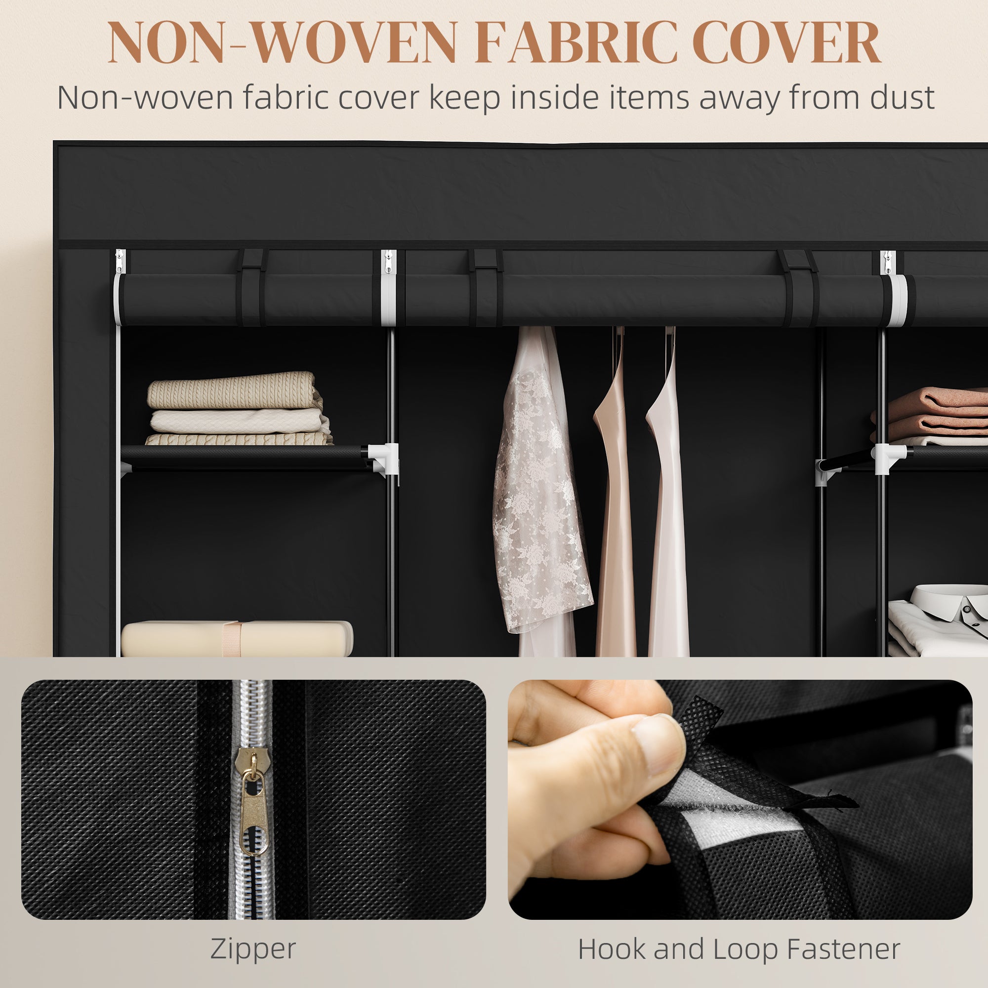HOMCOM Portable Wardrobe, Foldable Fabric Wardrobe, 150 x 43 x 162.5cm, Clothes Storage Organiser with Hanging Rail, Shelves, Fabric Cover for Bedroom, Black - North Peak Garden Furniture