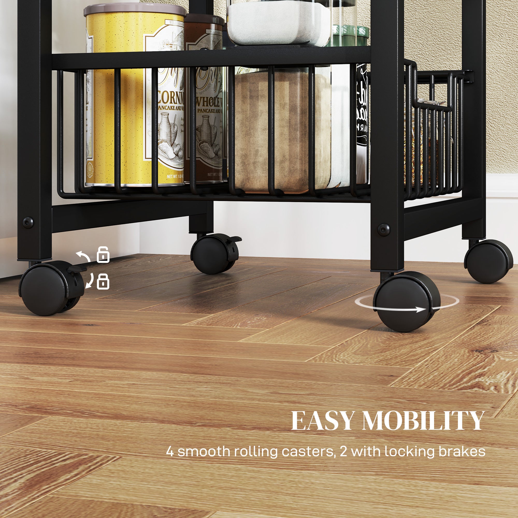 HOMCOM Three Basket Mobile Kitchen Island, with Brakes - Grey/Black - North Peak Garden Furniture
