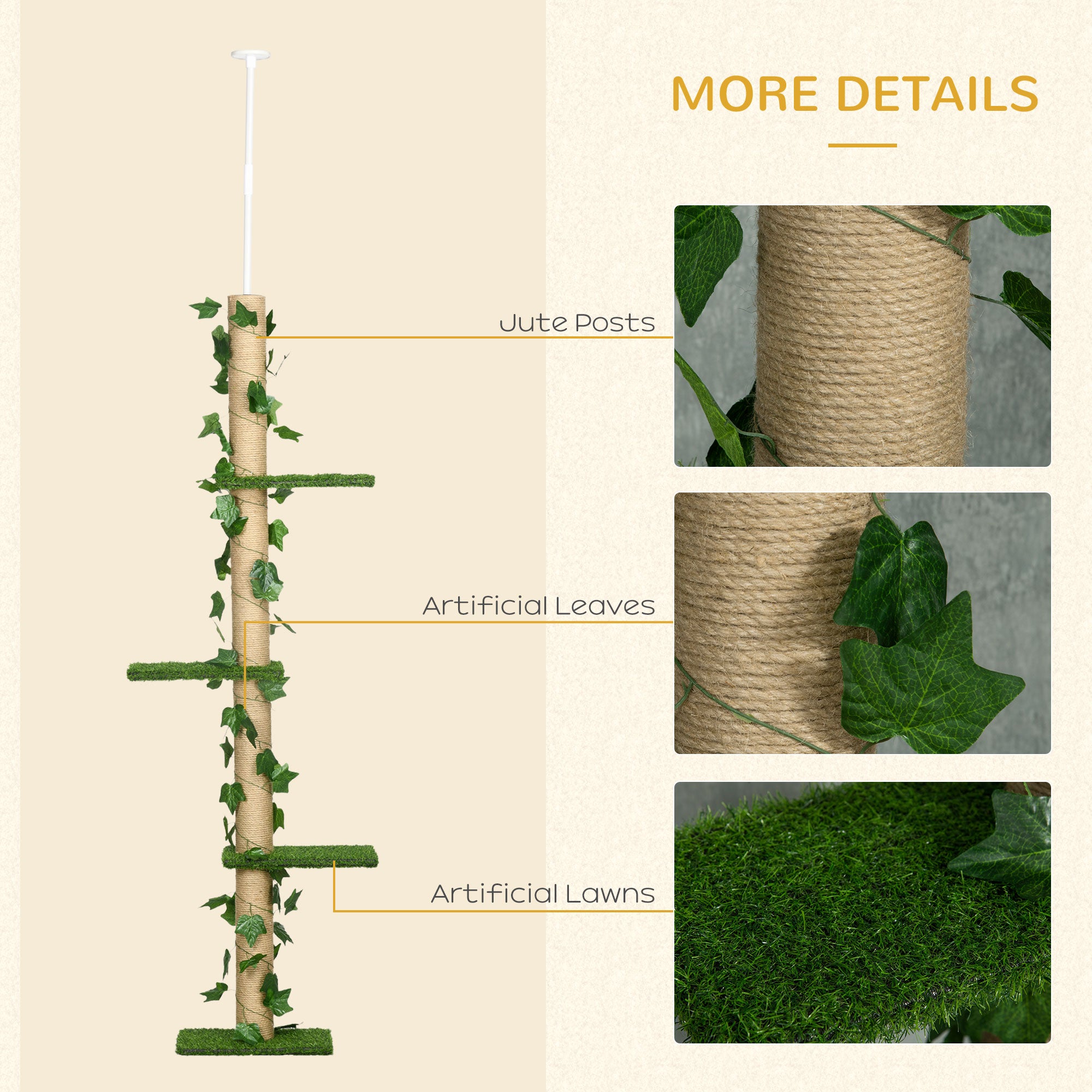 PawHut 242cm Adjustable Floor-To-Ceiling Cat Tree, with Artificial Decoration, Perches, Anti-Slip Kit - Green - North Peak Garden Furniture