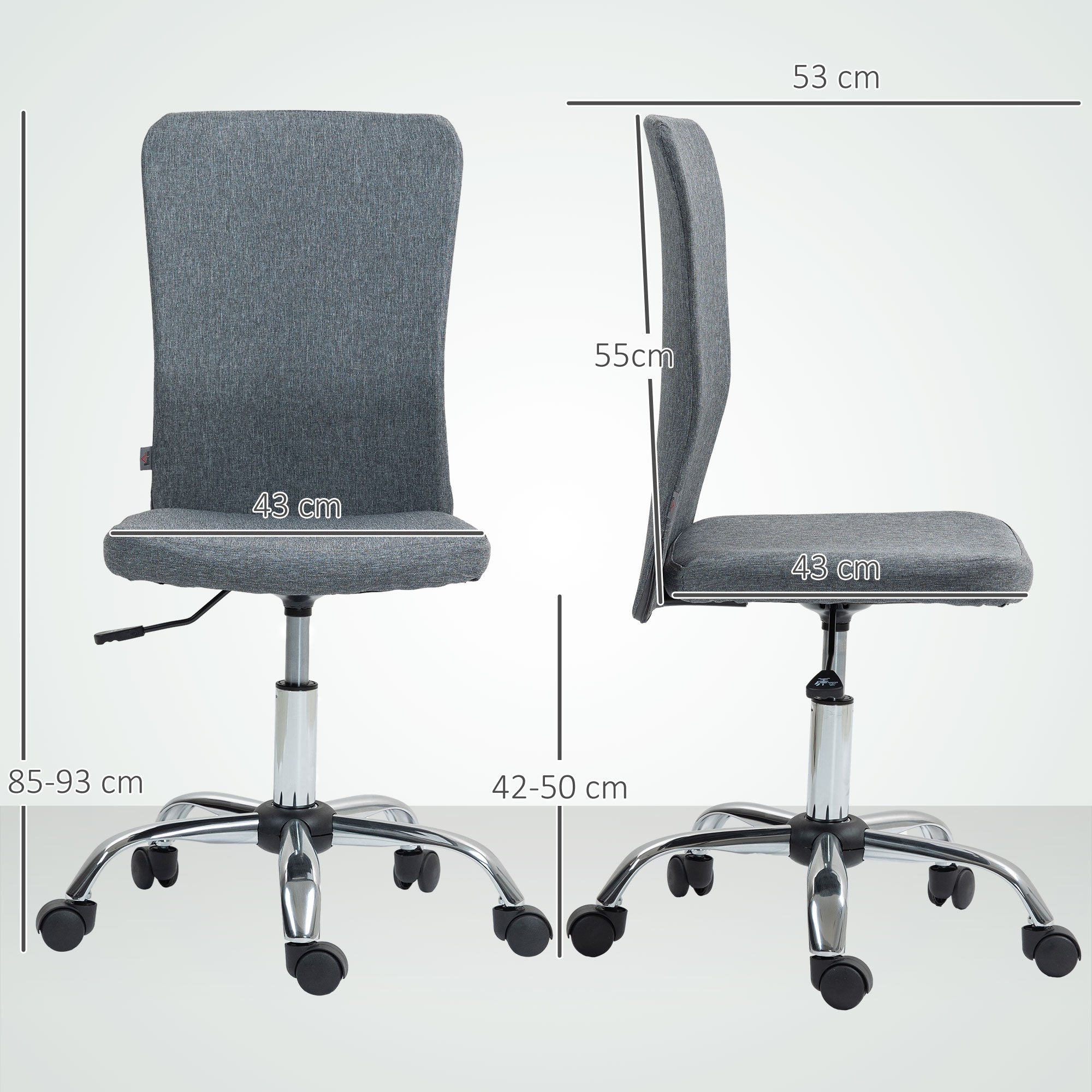 HOMCOM Armless Computer Desk Chair, Fabric Swivel Office Chair, Makeup Vanity Chair with Height Adjustable, Wheels, for Home Study Bedroom, Grey - North Peak Garden Furniture