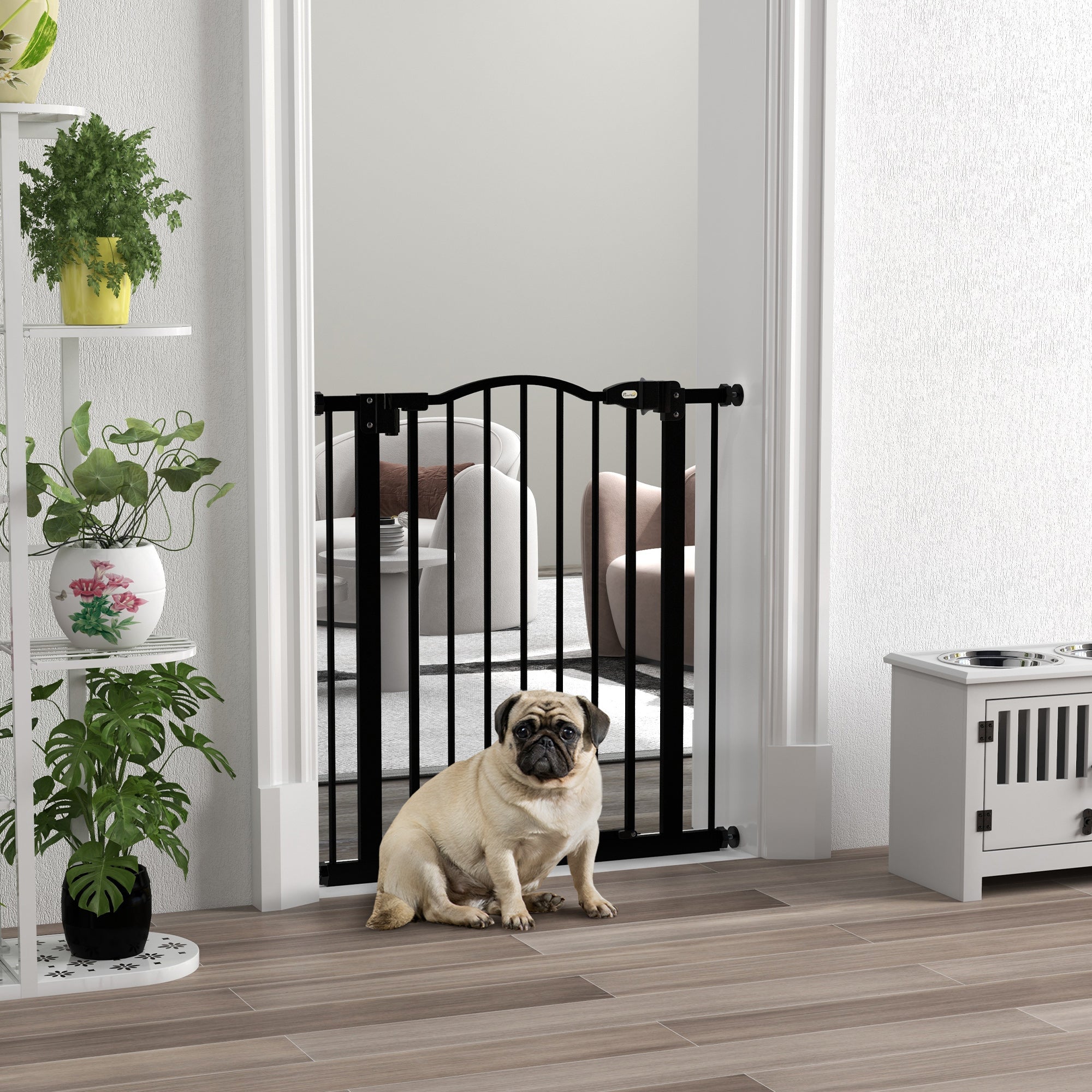 PawHut Metal 74-80cm Adjustable Pet Gate Safety Barrier w/ Auto-Close Door Black - North Peak Garden Furniture