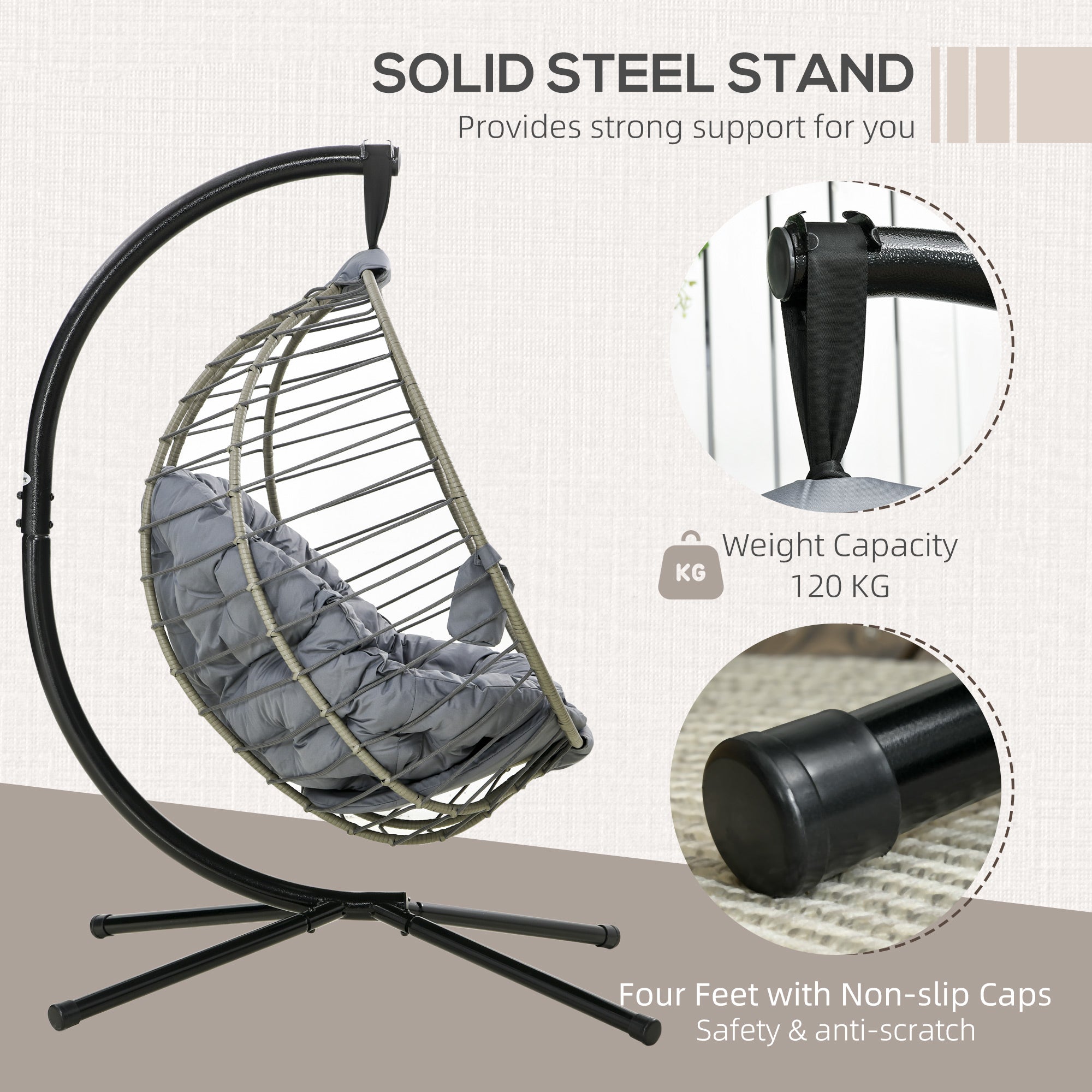 Outsunny PE Rattan Swing Chair, Outdoor Hanging Chair with Metal Stand, Thick Padded Cushion, Foldable Basket and Cup Holder, for Indoor and Outdoor, Grey - North Peak Garden Furniture