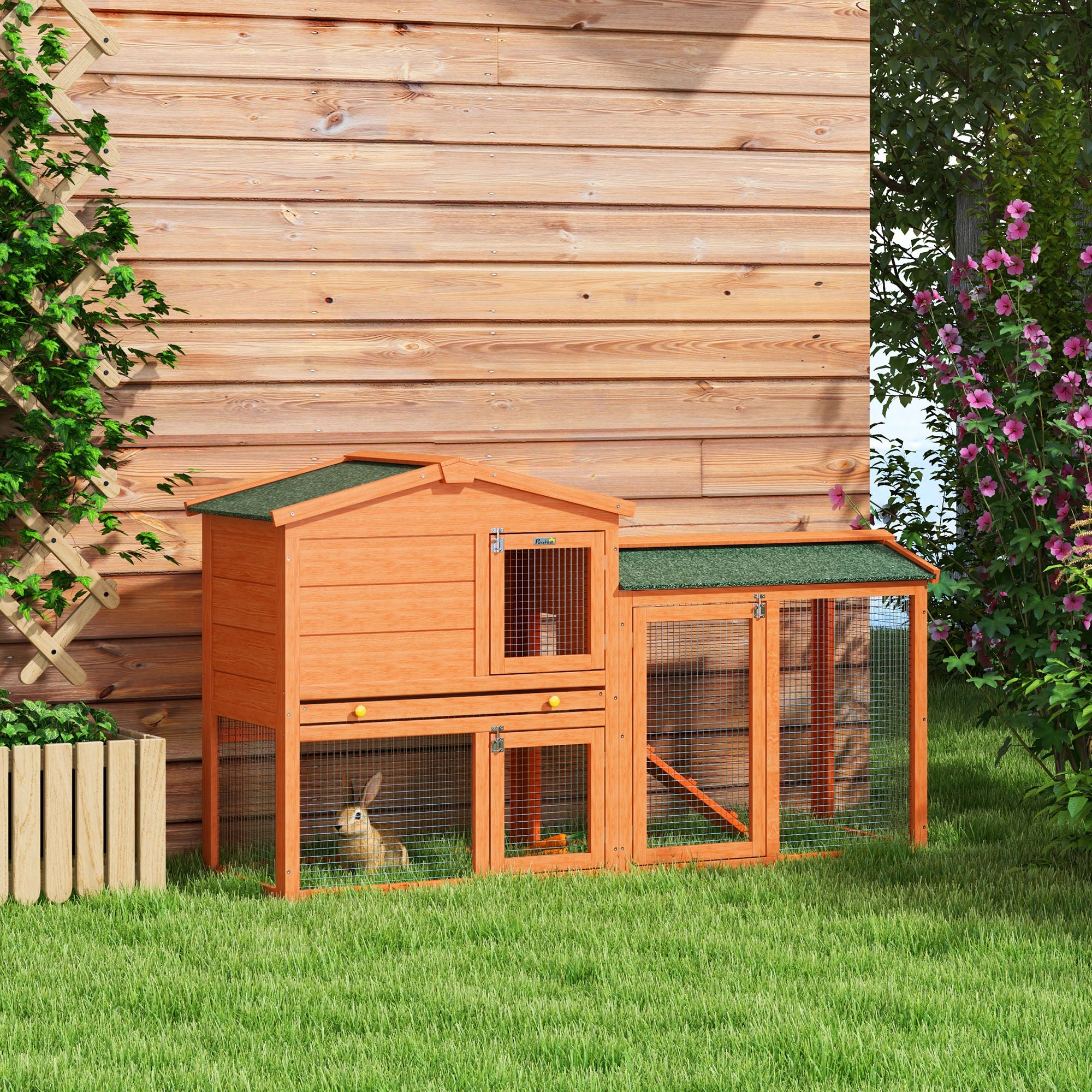 PawHut Two-Tier Rabbit Hutch with Run, Ramp, Slide-Out Tray, for Garden - Orange - North Peak Garden Furniture