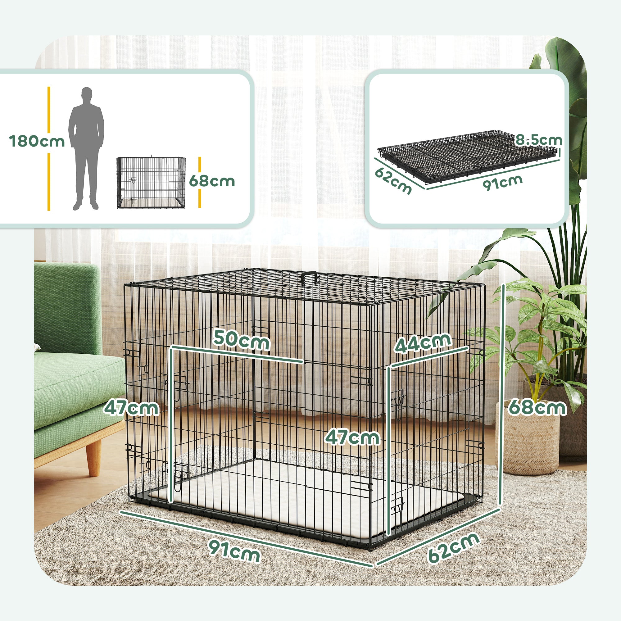 PawHut Dog Crate with 2 Doors with Tray, Soft Cushion, Foldable Metal Dog Cage for Large Medium Dogs, 91 x 62 x 68, Black