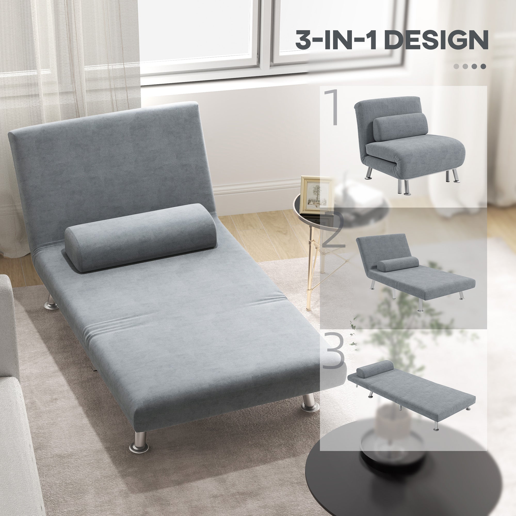 HOMCOM Single Velvet-Feel Sleeper Chair - Grey - North Peak Garden Furniture