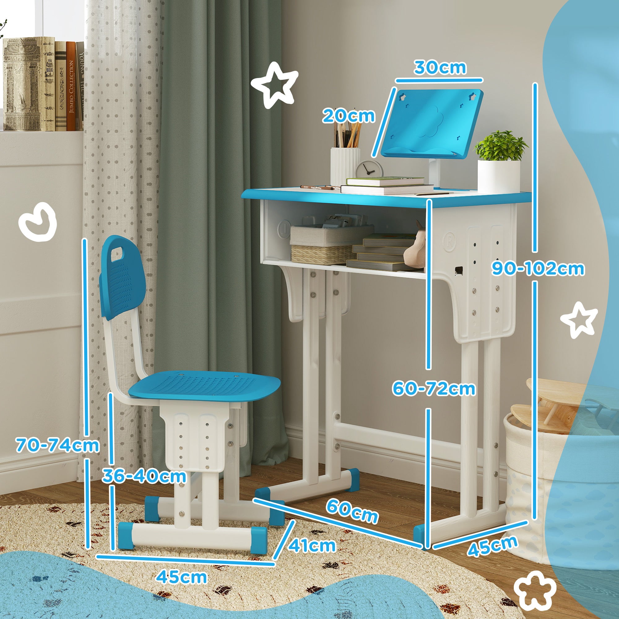 HOMCOM Kids Adjustable Desk and Chair Set, Book Stand, Pen Slot - Blue - North Peak Garden Furniture