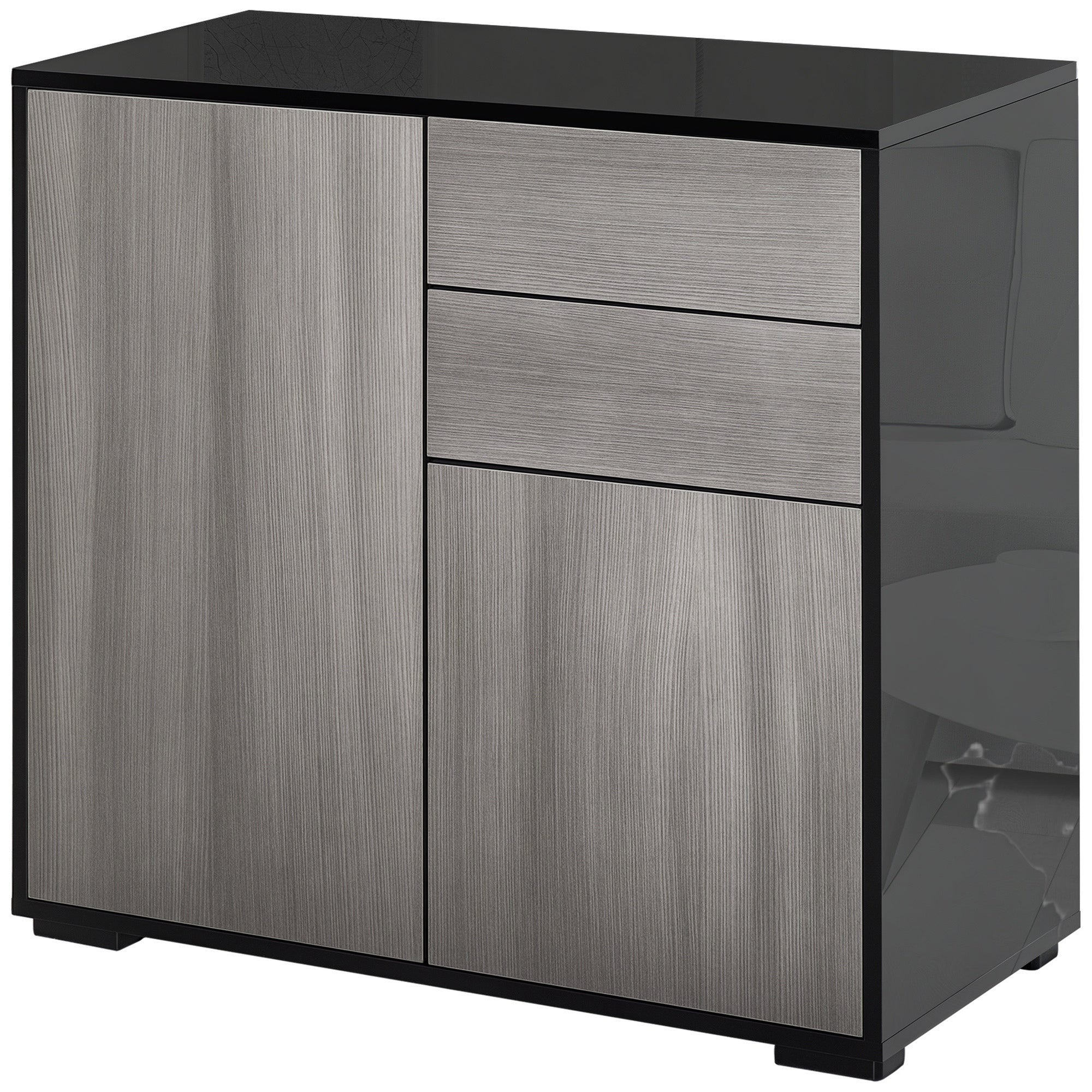 HOMCOM High Gloss Frame Sideboard, Side Cabinet, Push-Open Design with 2 Drawer for Living Room, Bedroom, Light Grey and Black
