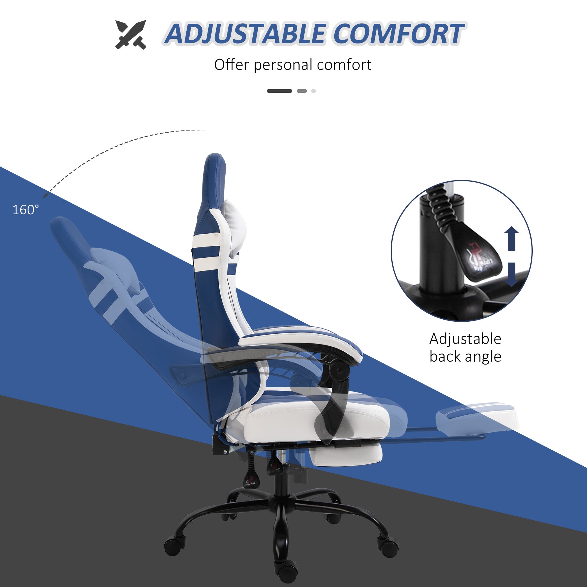 Vinsetto PU Leather Gaming Chair with Headrest, Footrest, Wheels, Adjustable Height, Racing Gamer Chair, Blue White