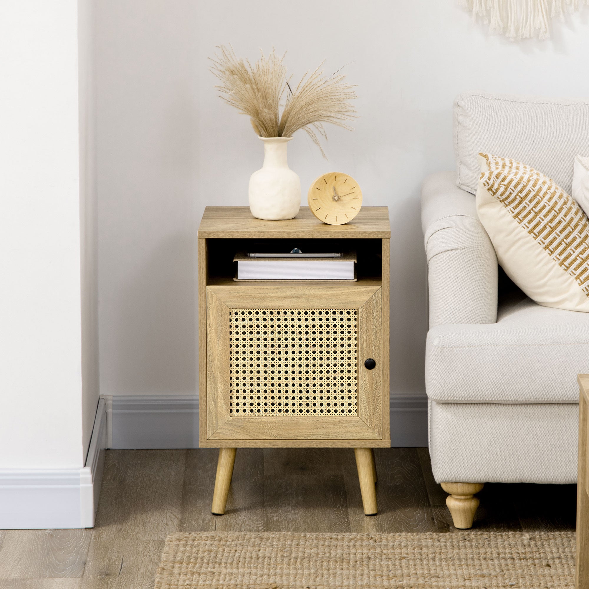 HOMCOM Bedside Table with Rattan Element, Side End Table with Shelf and Cupboard, 39cmx35cmx60cm, Set of 2, Natural - North Peak Garden Furniture