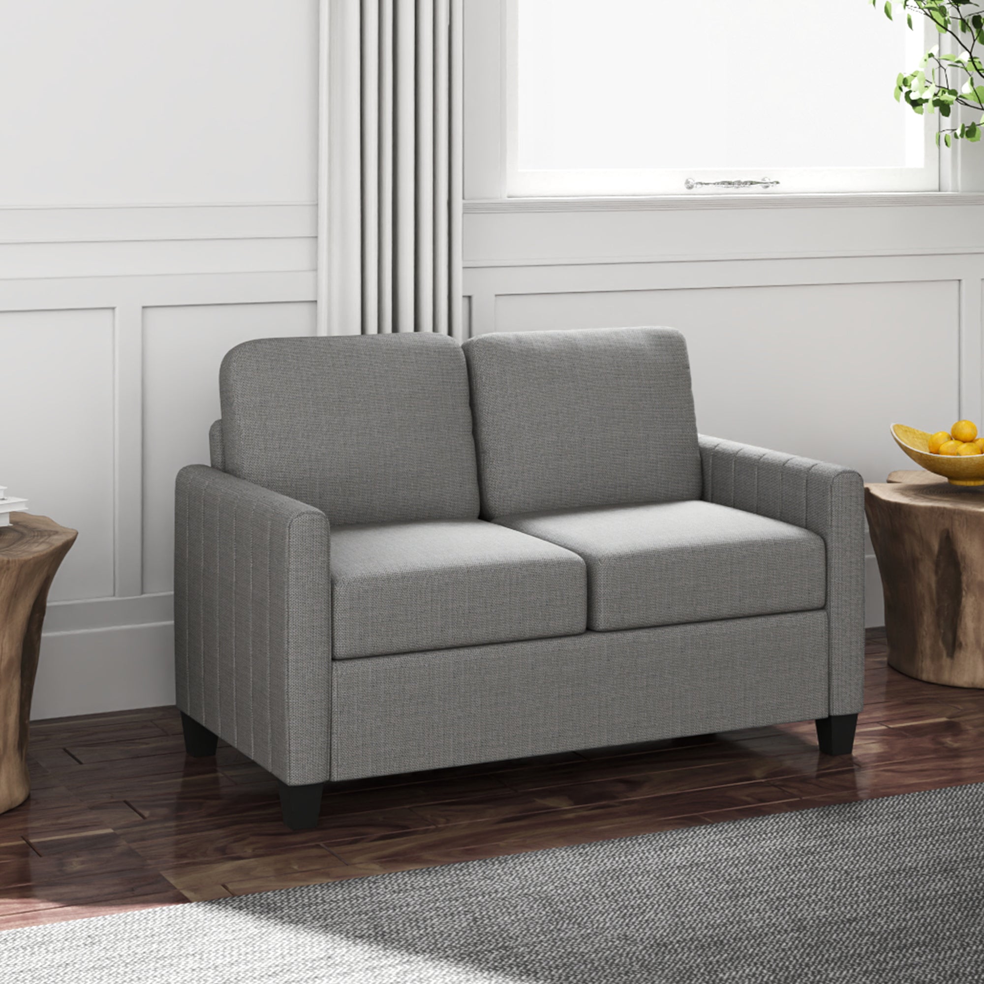 HOMCOM 2 Seater Sofa, Channel Tufted Modern Fabric Couch, Comfy Upholstered Small Sofa Loveseat with Spring Cushion, Back Pillow, for Living Room, Bedroom, Office, Light Grey - North Peak Garden Furniture