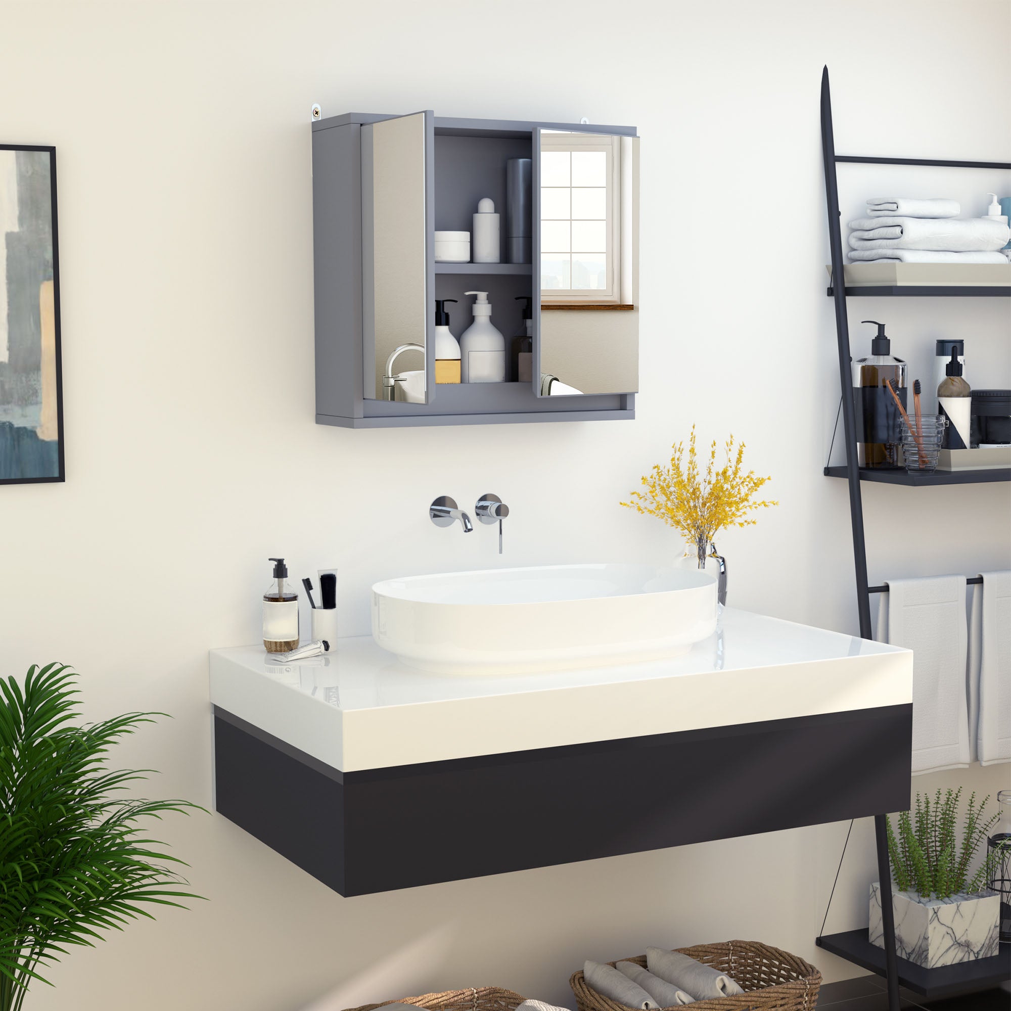 HOMCOM Wall Mounted Mirror Cabinet with Storage Shelf Bathroom Cupboard Double Door Grey - North Peak Garden Furniture
