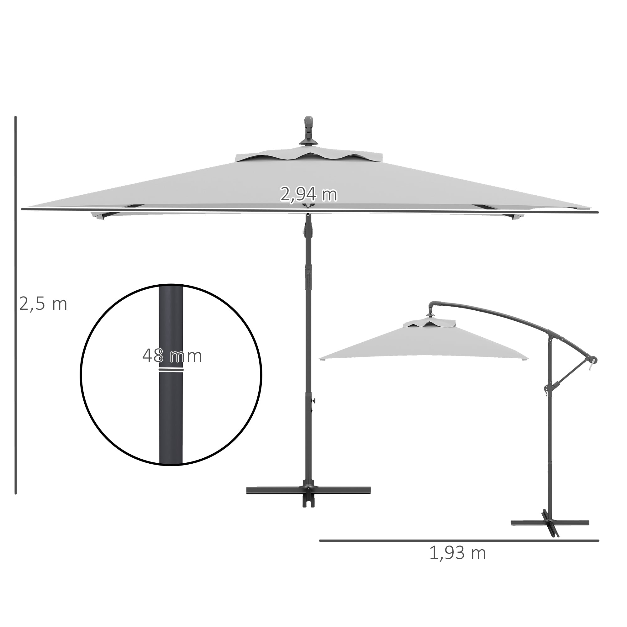 Outsunny 3(m) Cantilever Overhanging Parasol, with Cross Base - Light Grey - North Peak Garden Furniture