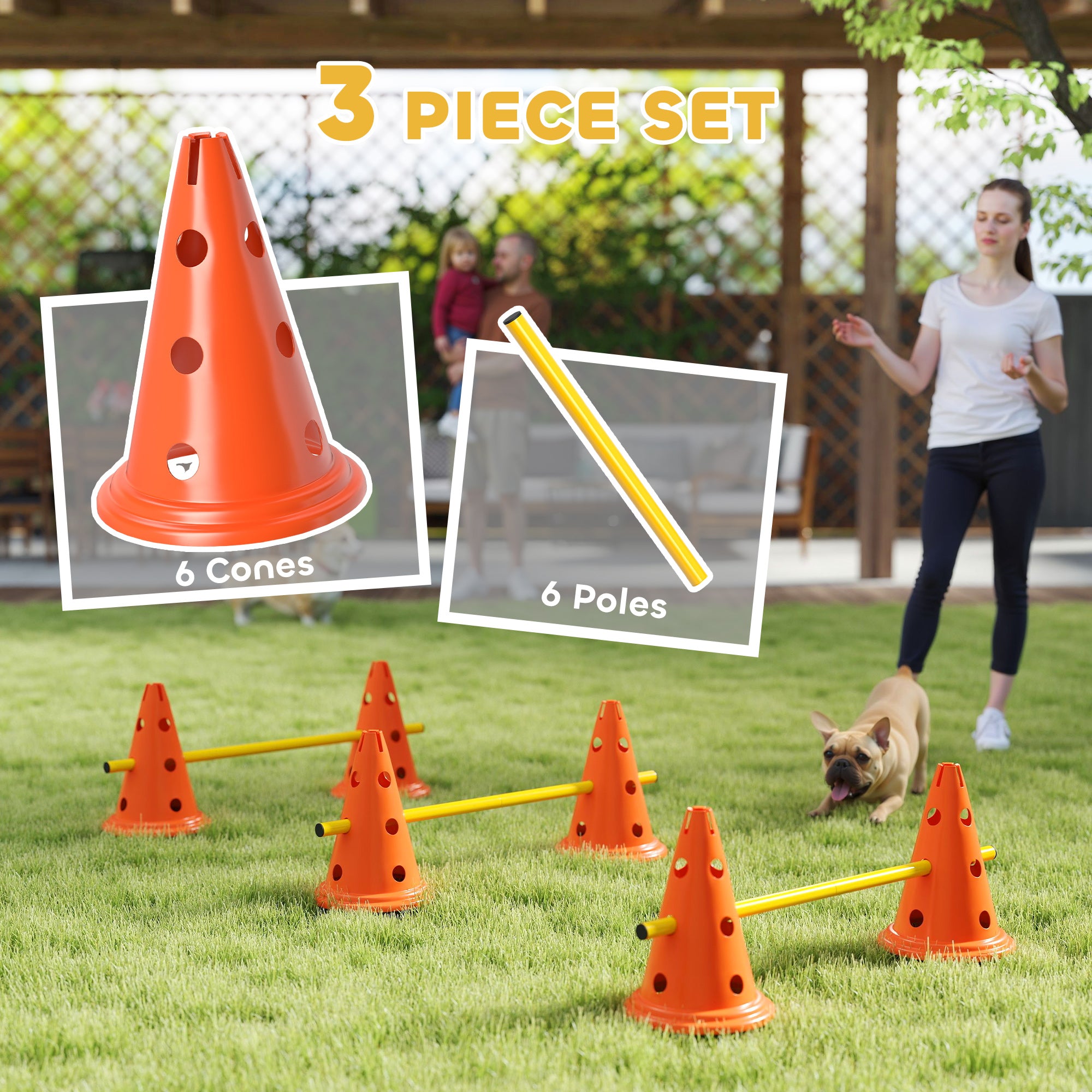 PawHut Dog Agility Equipment Set of 6 Cones, 6 Poles with Carry Bag, 3 PCS Adjustable Height Jumping Obstacles, Orange - North Peak Garden Furniture