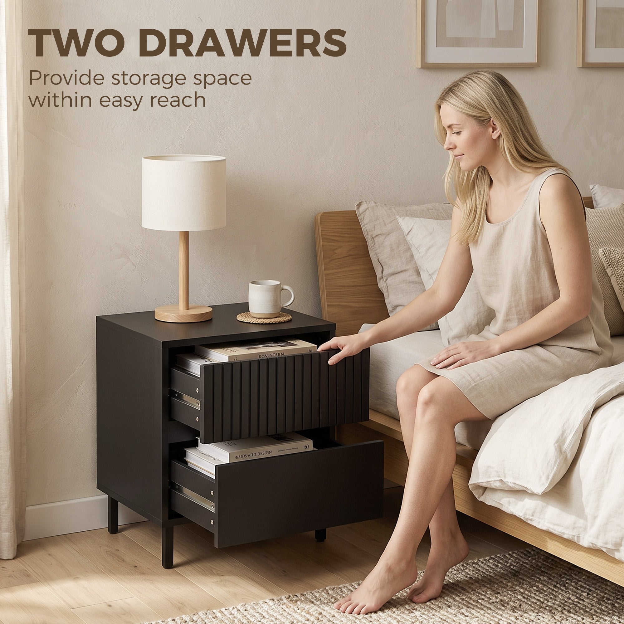 HOMCOM Bedside Cabinet, Bedside Table with 2 Drawers, Storage and Steel Legs for Bedroom, Living Room, Black