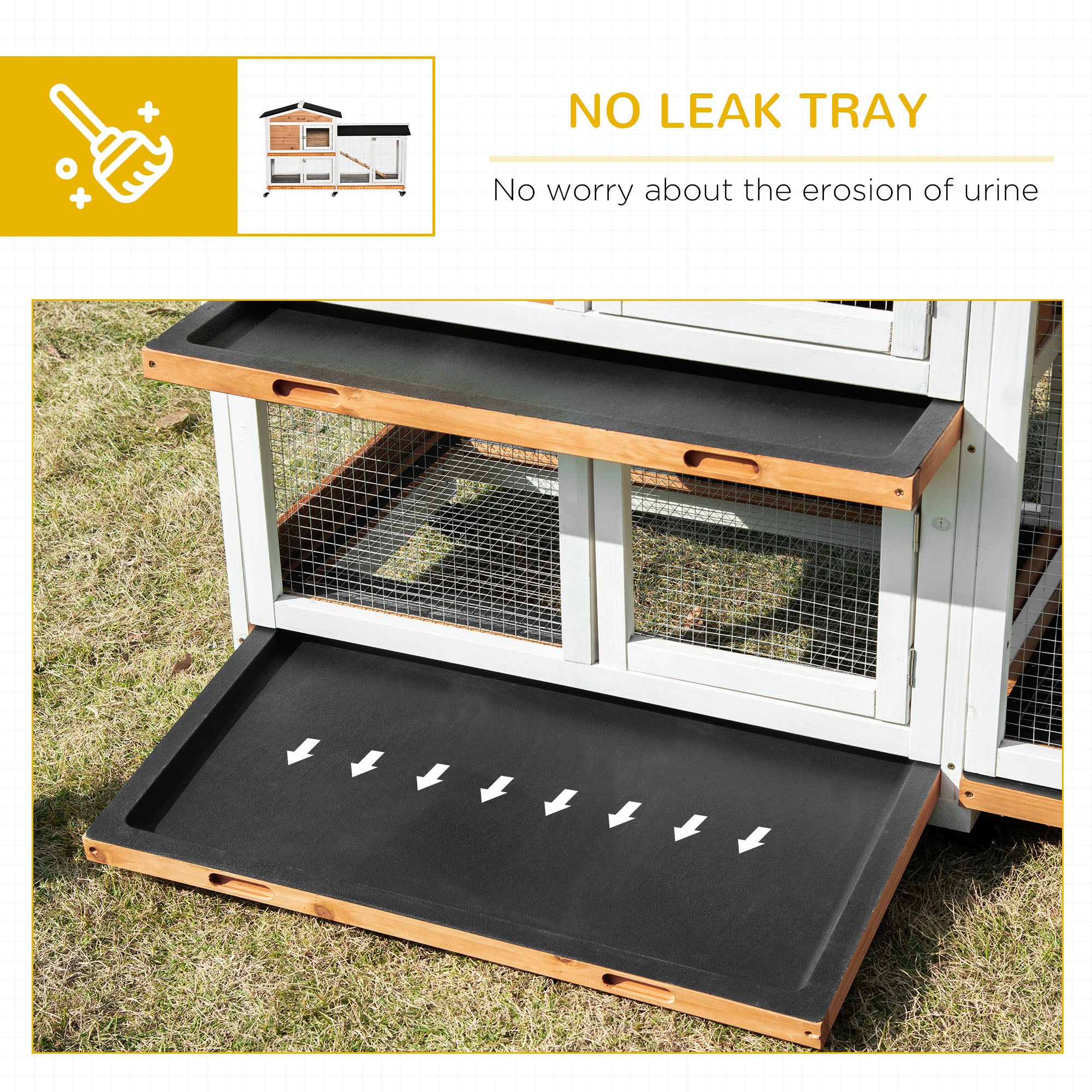 PawHut Rabbit Hutch Outdoor with Run Guinea Pig Hutch 2-Tier Bunny Cage w/ Wheels No-Leak Plastic Tray 157.4 x 53 x 99.5 cm - Yellow - North Peak Garden Furniture