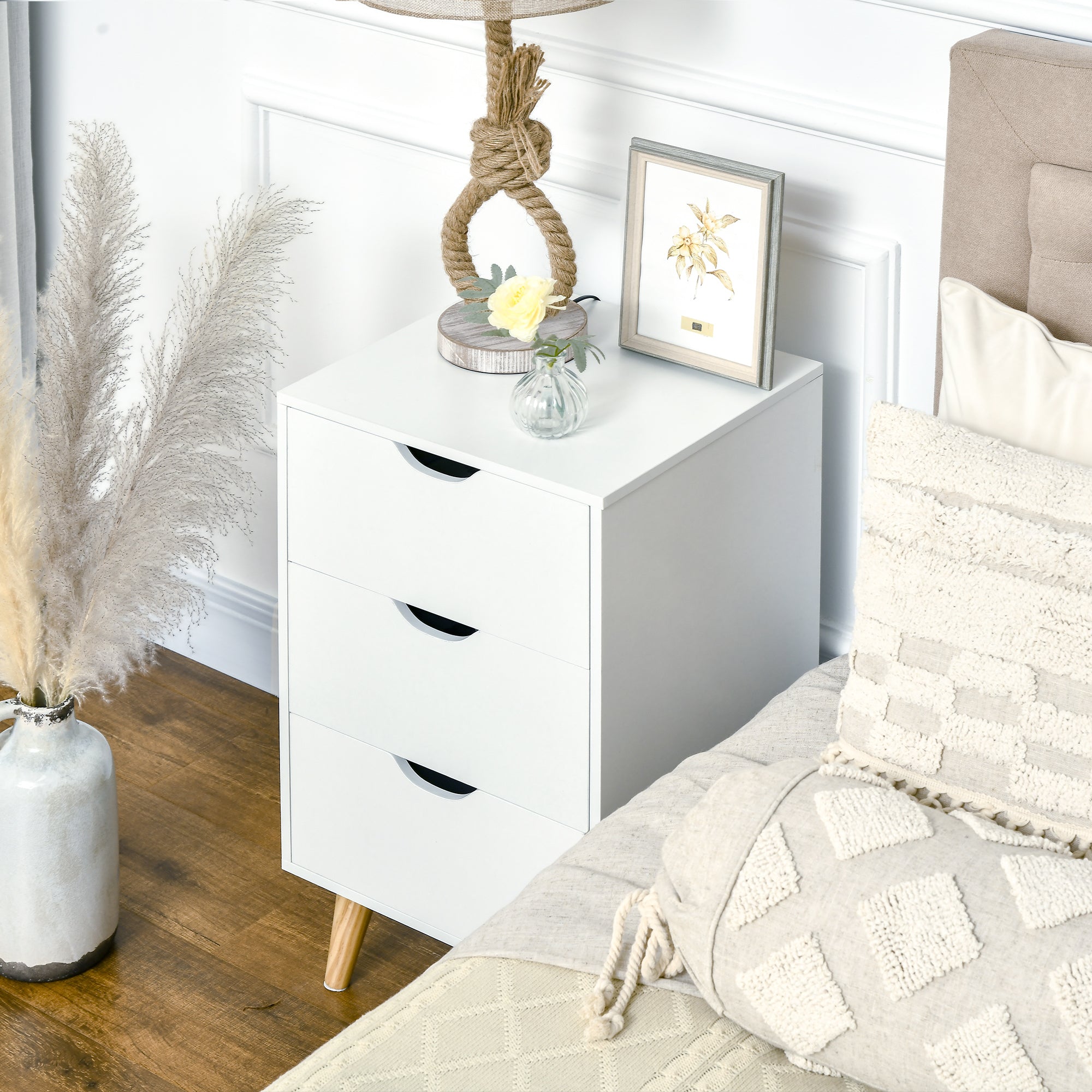 HOMCOM Bedside Table, Bedside Cabinet with 3 Drawers, Small Side Table with Wood Legs and Cut-out Handles for Bedroom, Cream White - North Peak Garden Furniture