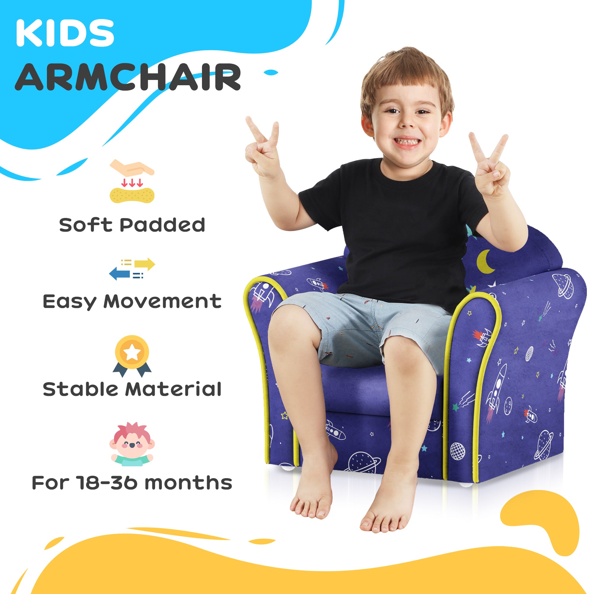 AIYAPLAY Kids Armchair with Planet Dinosaurs Design, Wooden Frame, for Bedroom, Playroom, Kids Room, Blue - North Peak Garden Furniture