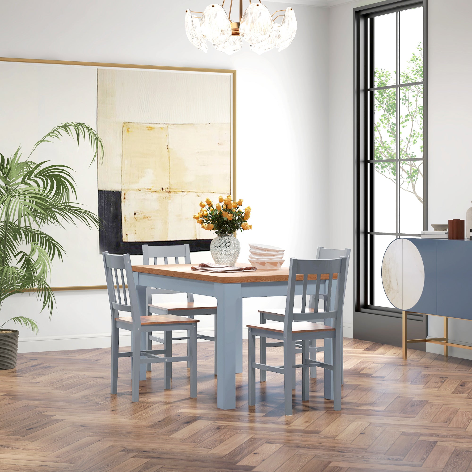 HOMCOM Dining Chairs Set of 4, Kitchen Chair with Slat Back, Pine Wood Structure for Living Room and Dining Room, Grey - North Peak Garden Furniture