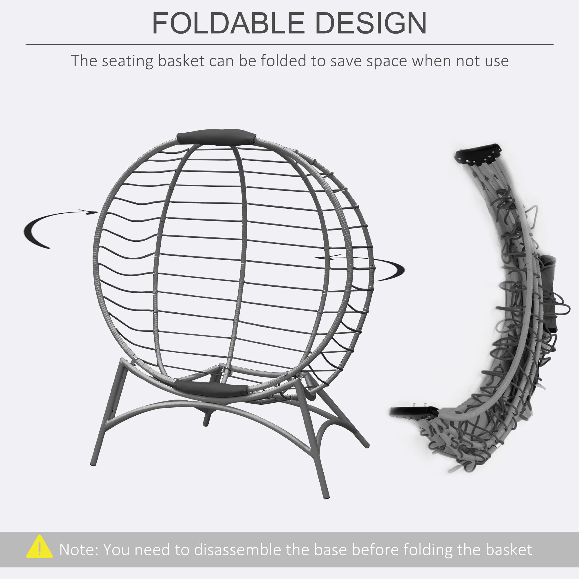 Outsunny Folding Rattan Egg Chair, Freestanding Basket Chair with Cushion, Bottle Holder Bag for Outdoor or Indoor, Grey - North Peak Garden Furniture