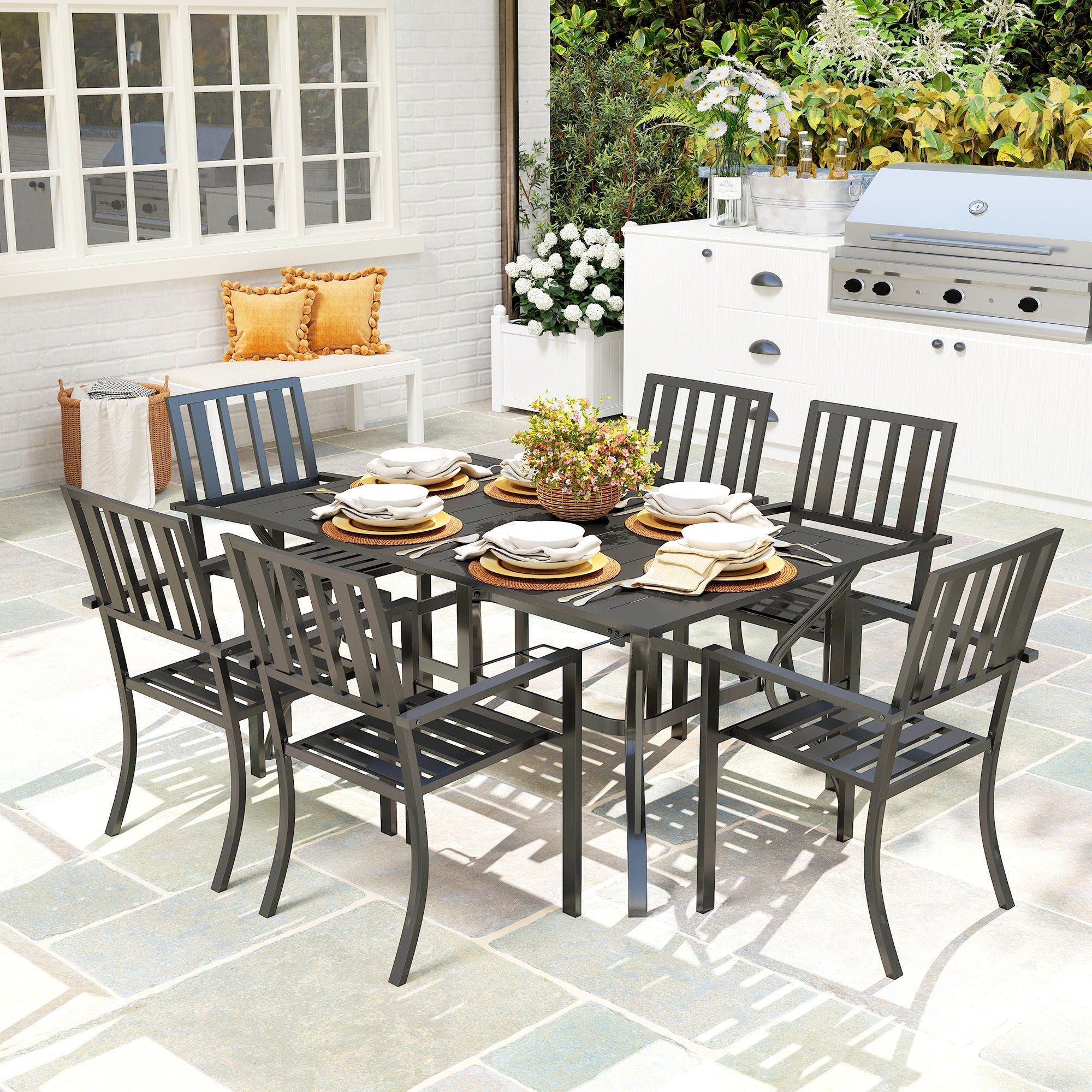 Outsunny 7 Pieces Garden Table and Chairs 6 Seater Outdoor Table and Chairs with Umbrella Hole, for Poolside, Garden, Black - North Peak Garden Furniture