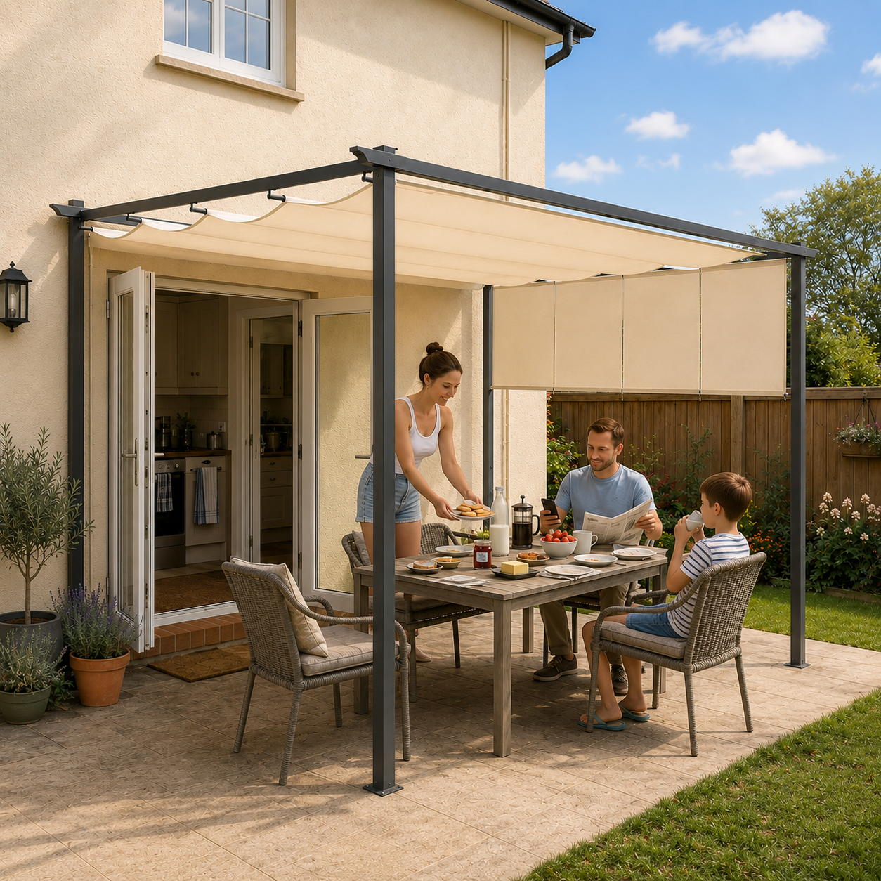 Outsunny 3 x 4m Metal Pergola with Retractable Roof and Roller Shade, Wall-Mounted or Free Standing Garden Gazebo Canopy Pergola Kit, UPF30+ Outdoor Sun Shade Shelter, Beige