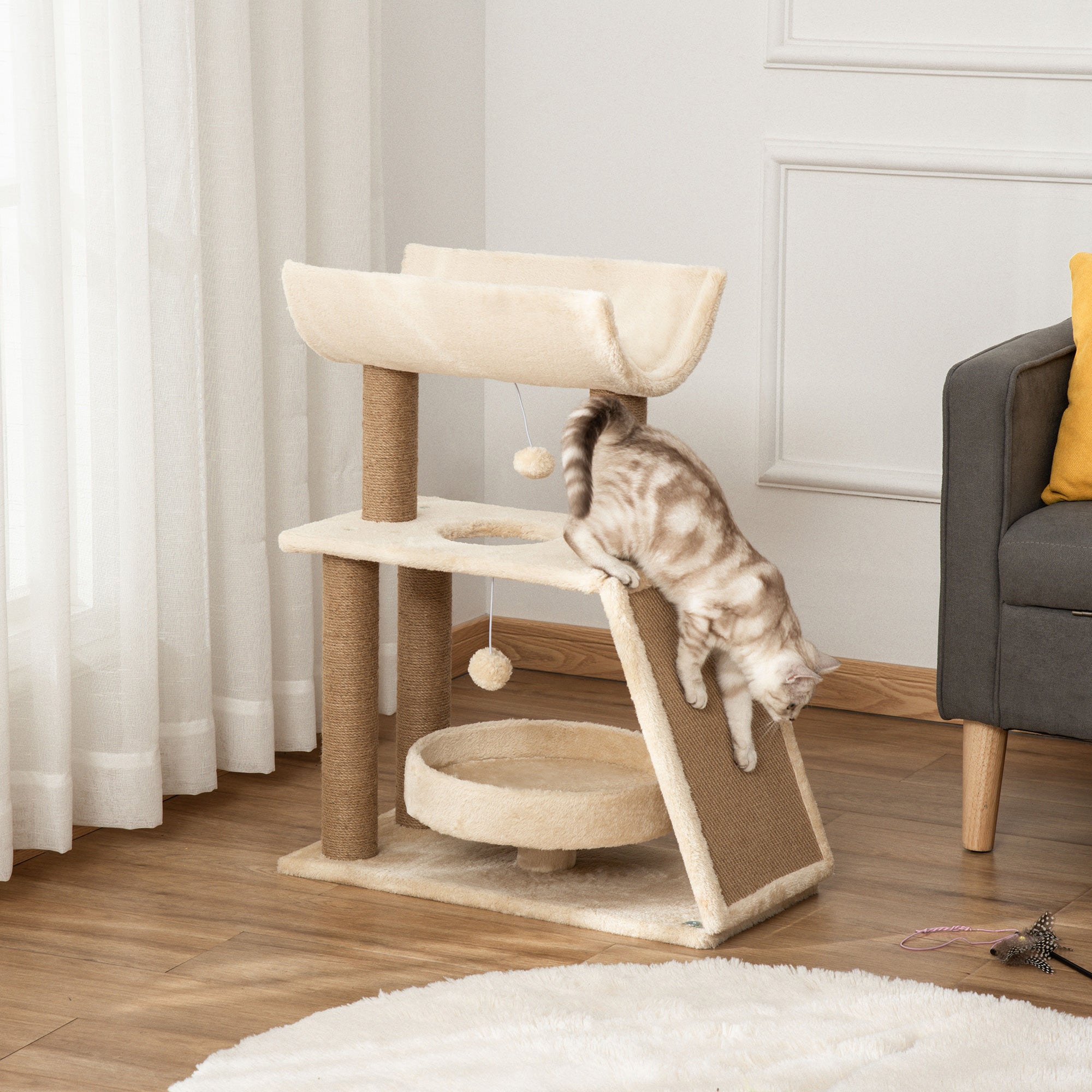 PawHut Cat Tree Tower, with Scratching Posts, Pad, Bed, Perch, Toy Ball - Light Brown - North Peak Garden Furniture