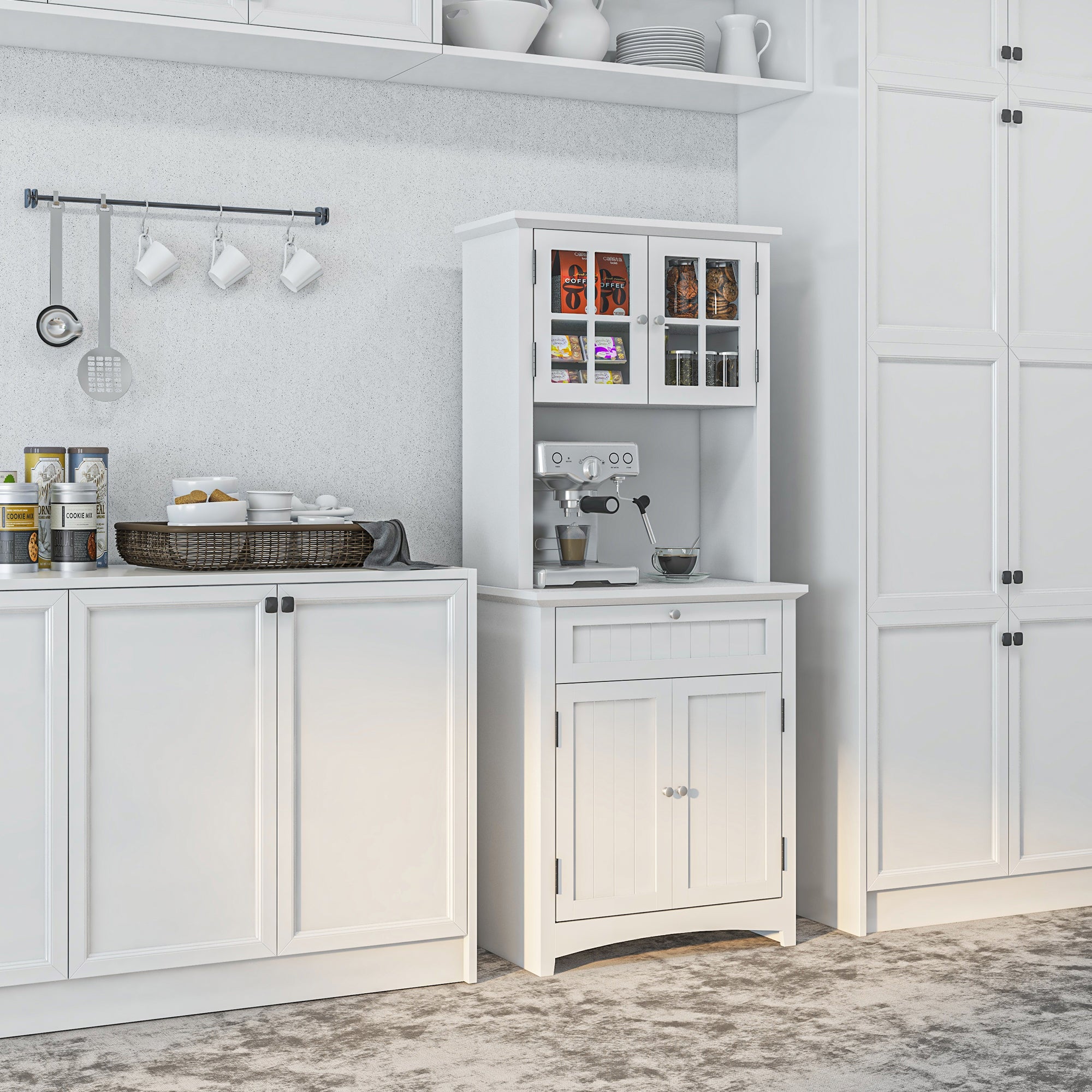 HOMCOM Kitchen Cupboard, Wooden Storage Cabinet with Framed Glass Door, Drawer, Microwave Space for Dining and Living Room, White - North Peak Garden Furniture