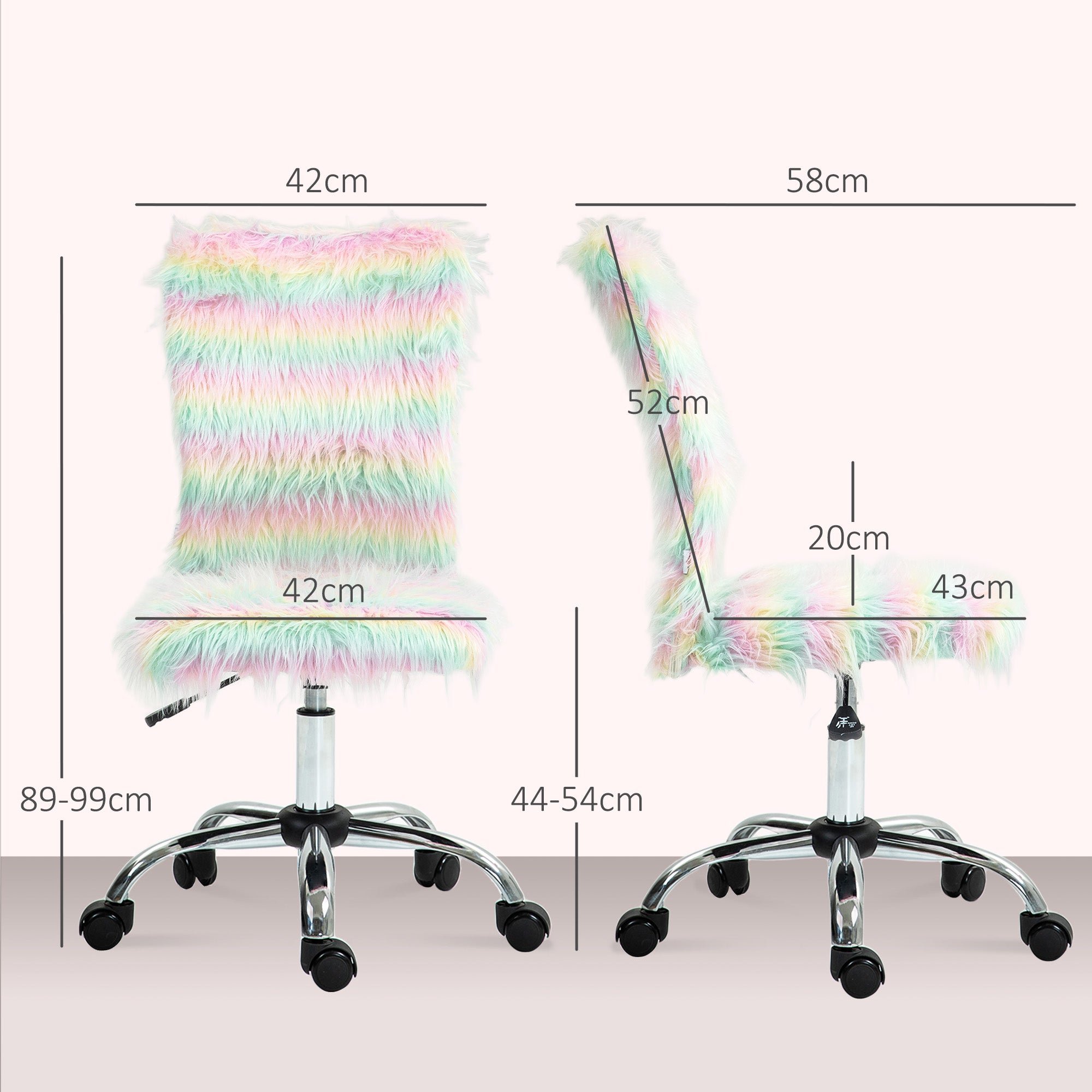 HOMCOM Armless Computer Desk Chair, Fluffy Fabric Swivel Office Chair, Makeup Vanity Chair with Height Adjustable, Wheels, for Home Study Bedroom, Multicolour - North Peak Garden Furniture