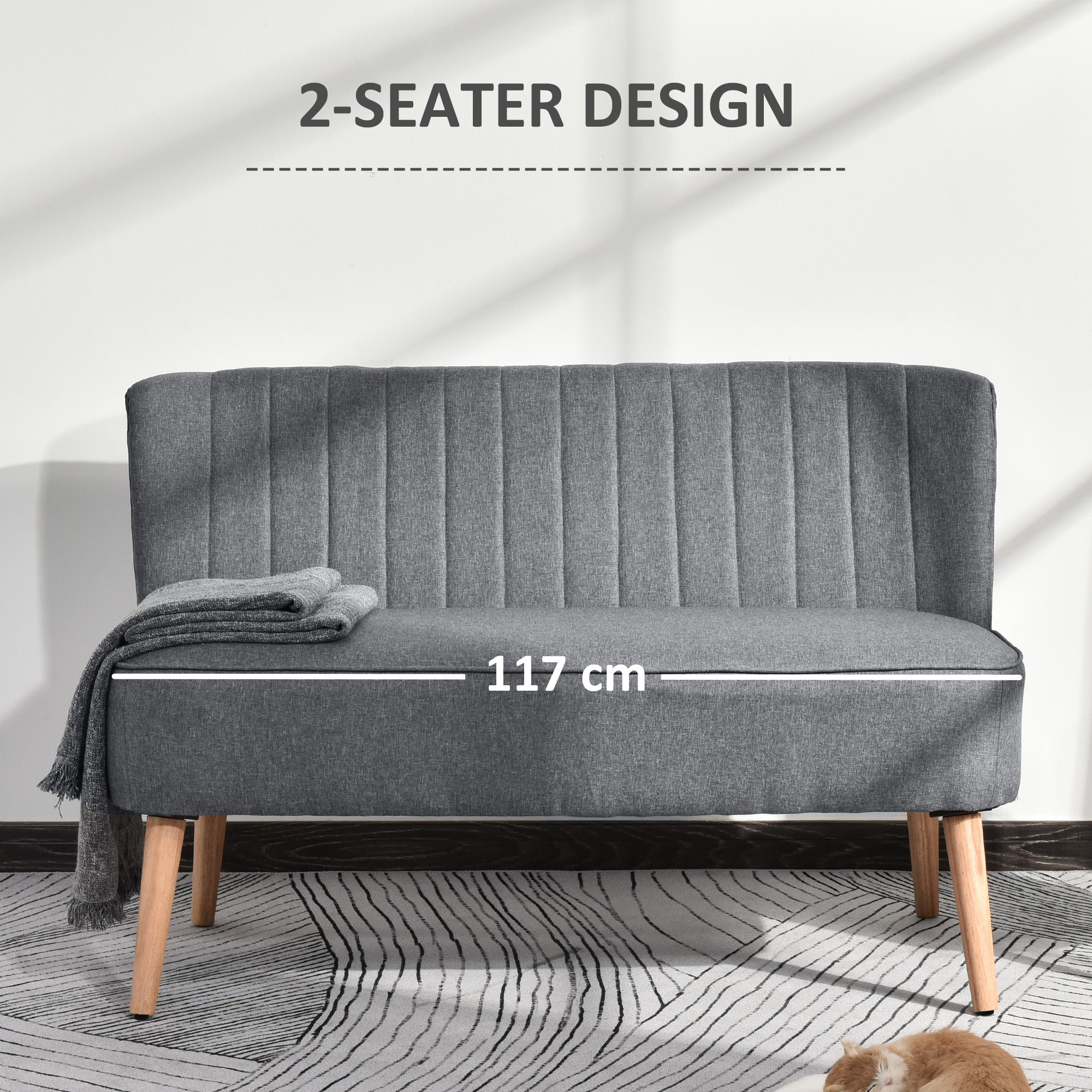 HOMCOM Modern Double Seat Sofa Loveseat Couch 2 Seater Compact Sofa Padded Linen Wood Leg Grey - North Peak Garden Furniture