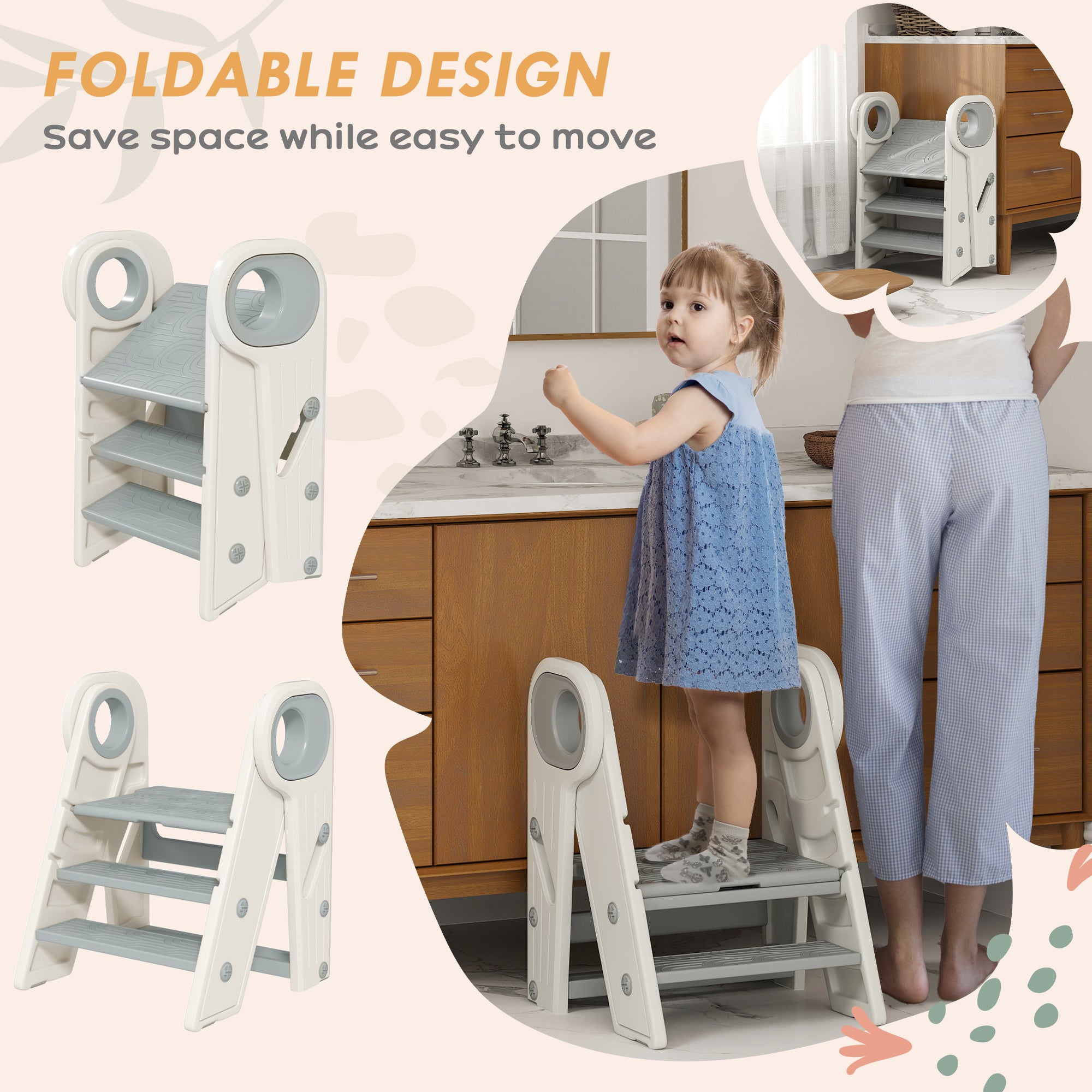 AIYAPLAY Foldable & Adjustable Toddler Tower with Handle, Non-Slip, Grey