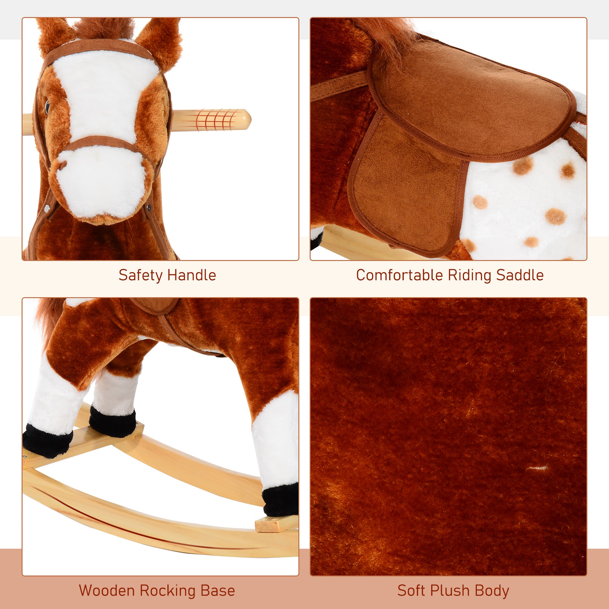 HOMCOM Baby Rocking Horse Plush Ride on Animals Rocker with Sound Handle Grip for kids 3-6 years - Brown - North Peak Garden Furniture