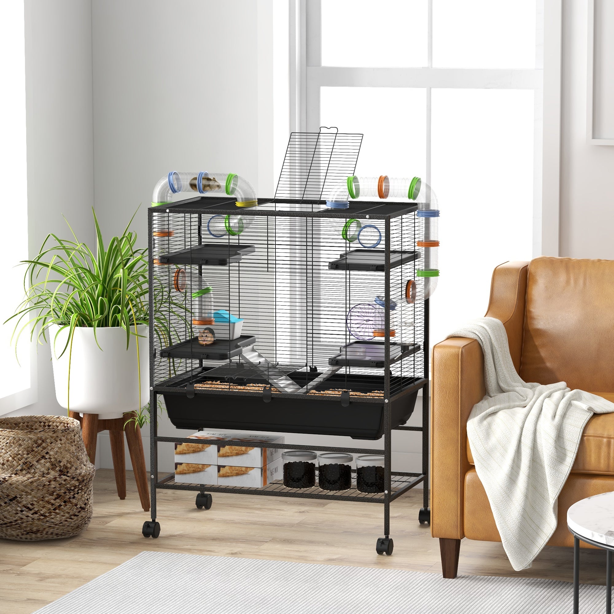 PawHut Large Hamster Cage, Gerbil Cage with Tubes, Storage Shelf, Ramps, Platforms, Running Wheel - Black - North Peak Garden Furniture
