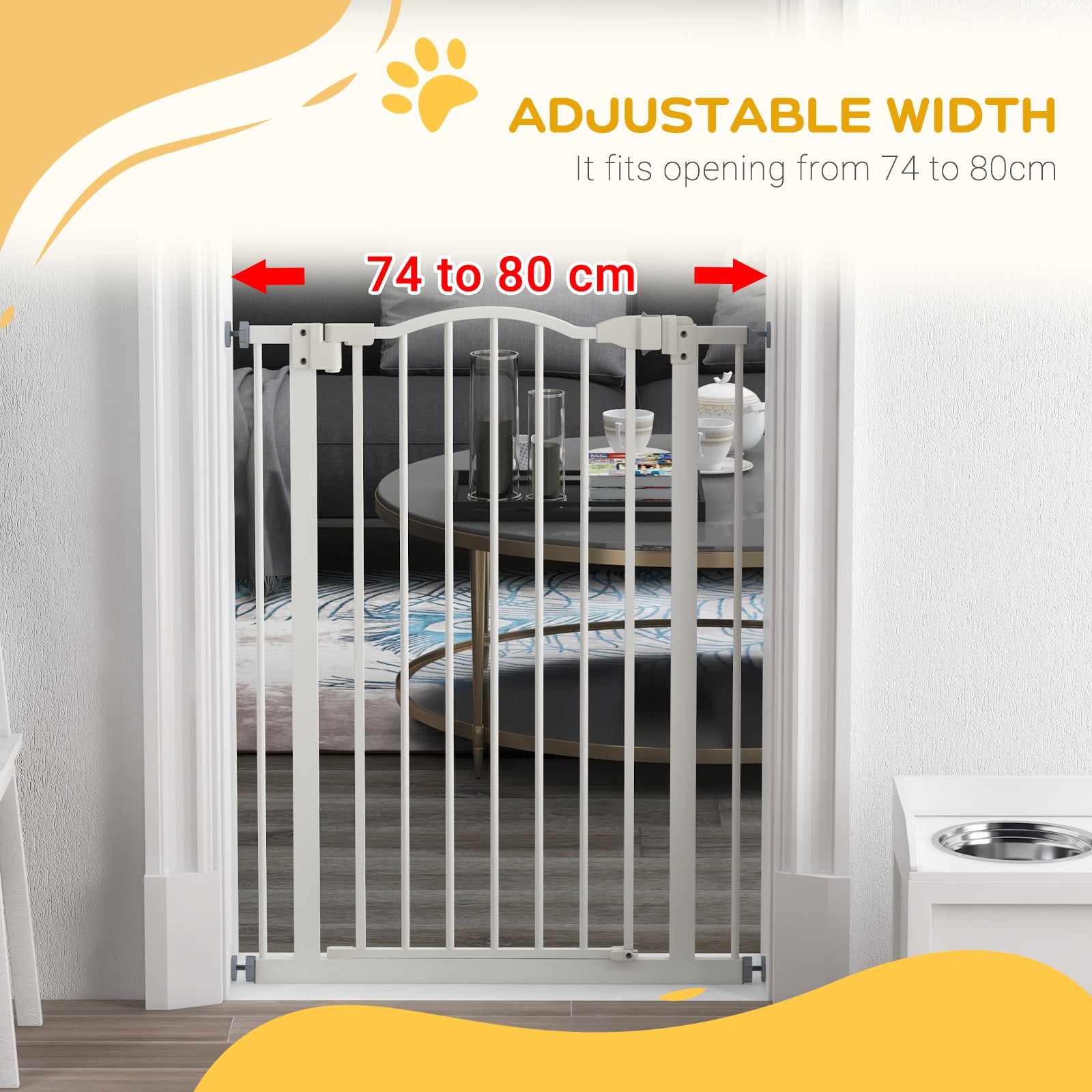 PawHut Pressure Fit Dog Stair Gate No Drilling Safety Gate Auto Close for Doorways, Hallways, 74-80cm Adjustable, 94cm Tall, White