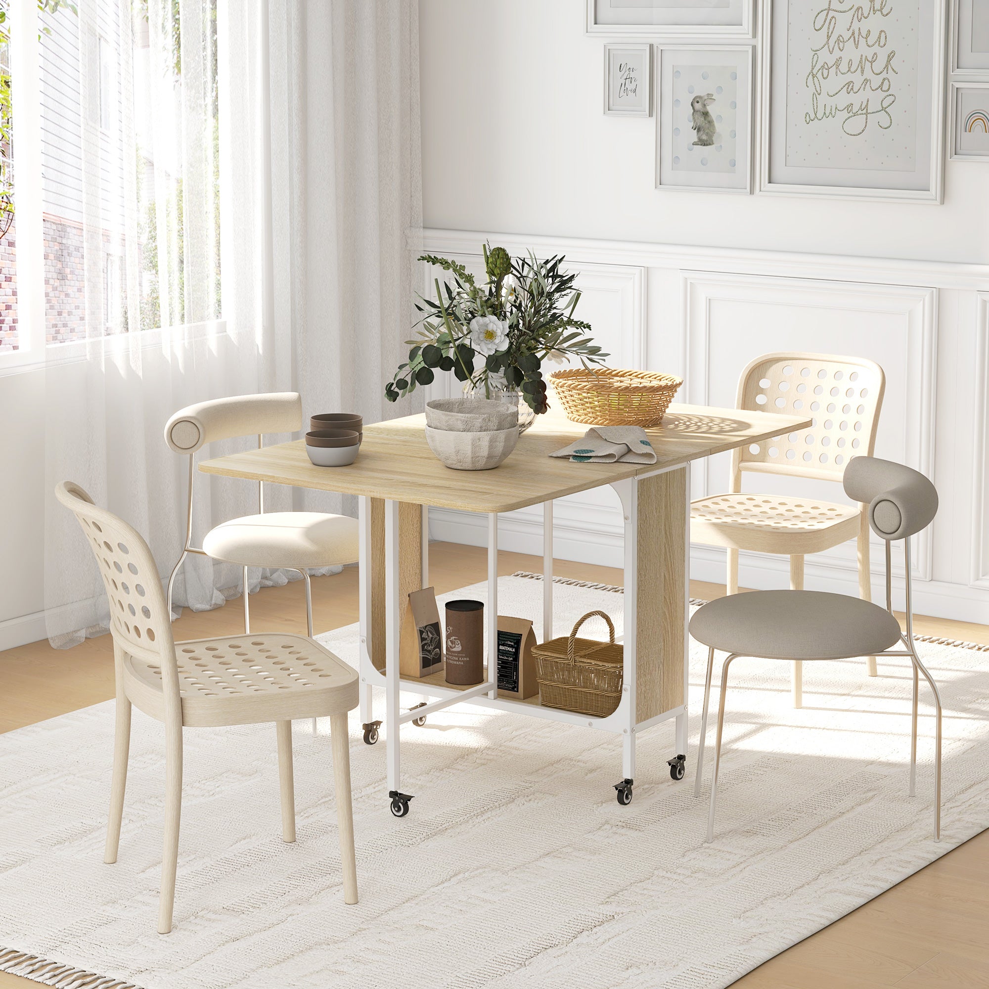 HOMCOM Six-Person Drop Leaf Dining Table - Natural/White - North Peak Garden Furniture