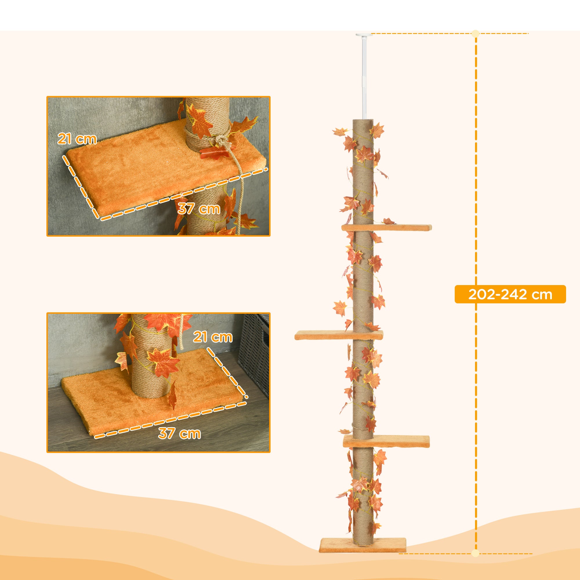 PawHut 242cm Adjustable Floor-To-Ceiling Cat Tree, with Artificial Decoration, Perches, Anti-Slip Kit - Orange - North Peak Garden Furniture