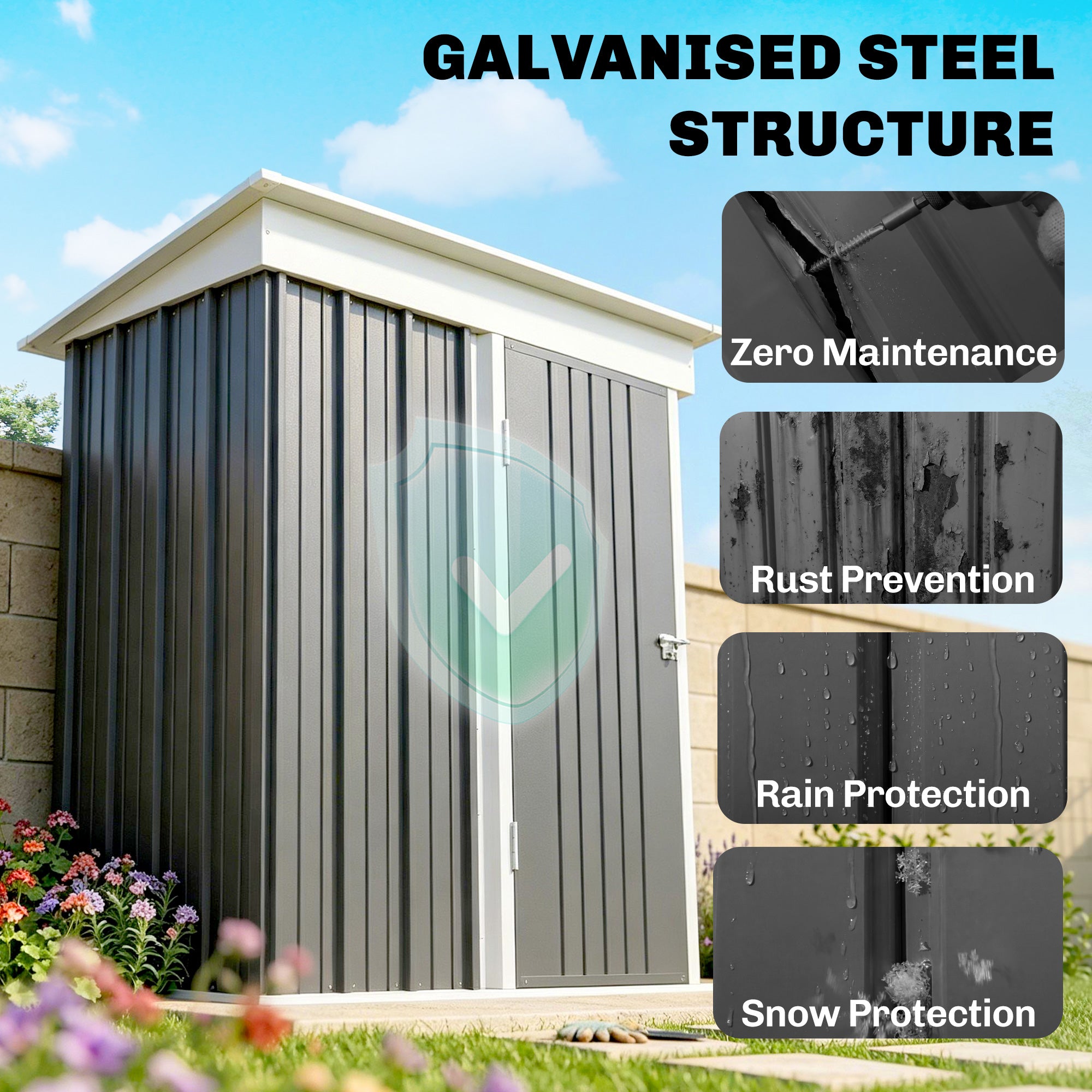 Outsunny Metal Garden Shed, Outdoor Lean-to Shed for Tool Motor Bike, with Adjustable Shelf, Lock, Gloves, 5'x3'x6',  Dark Grey