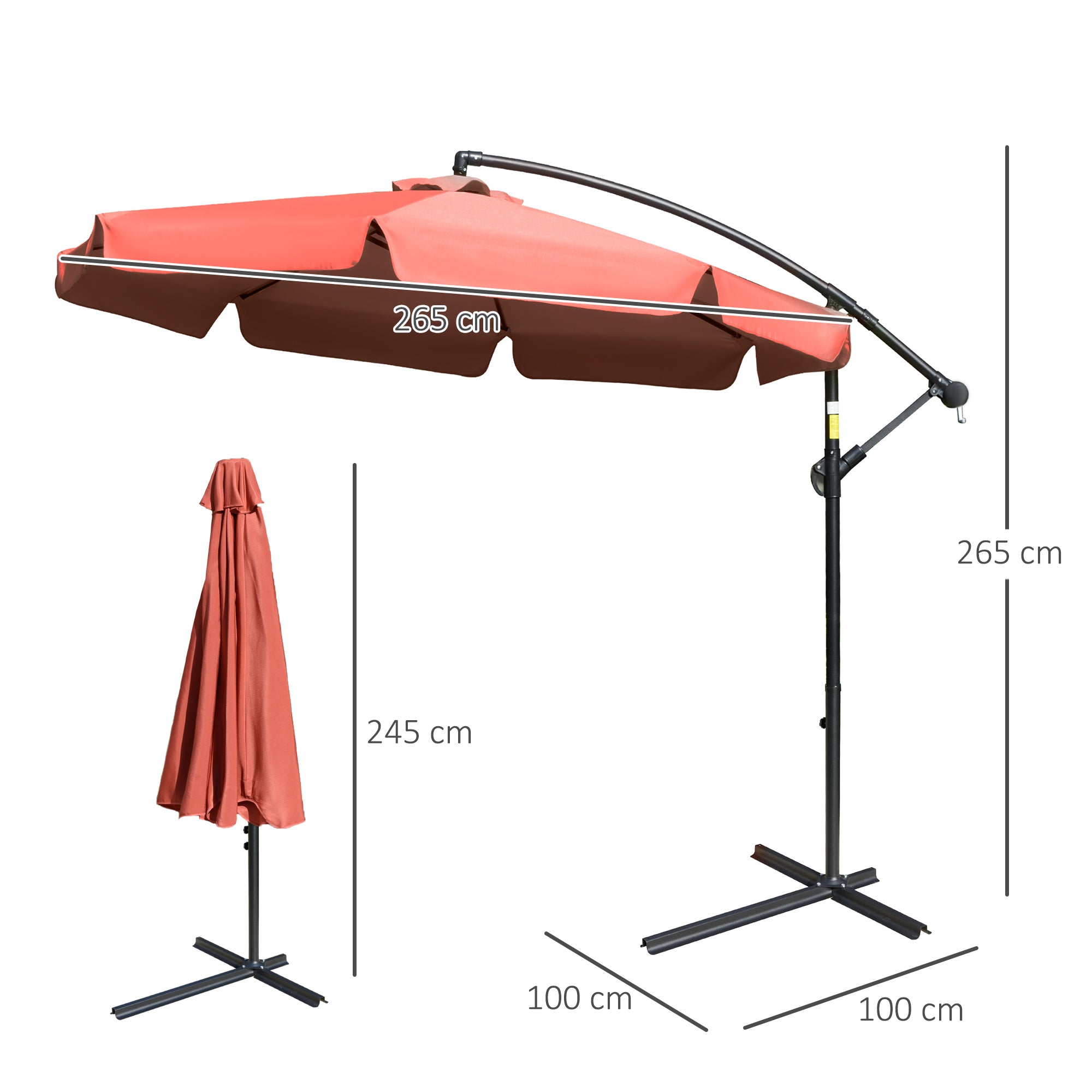 Outsunny 2.7m Garden Banana Parasol Cantilever Umbrella with Crank Handle and Cross Base for Outdoor, Hanging Sun Shade, Wine Red - North Peak Garden Furniture