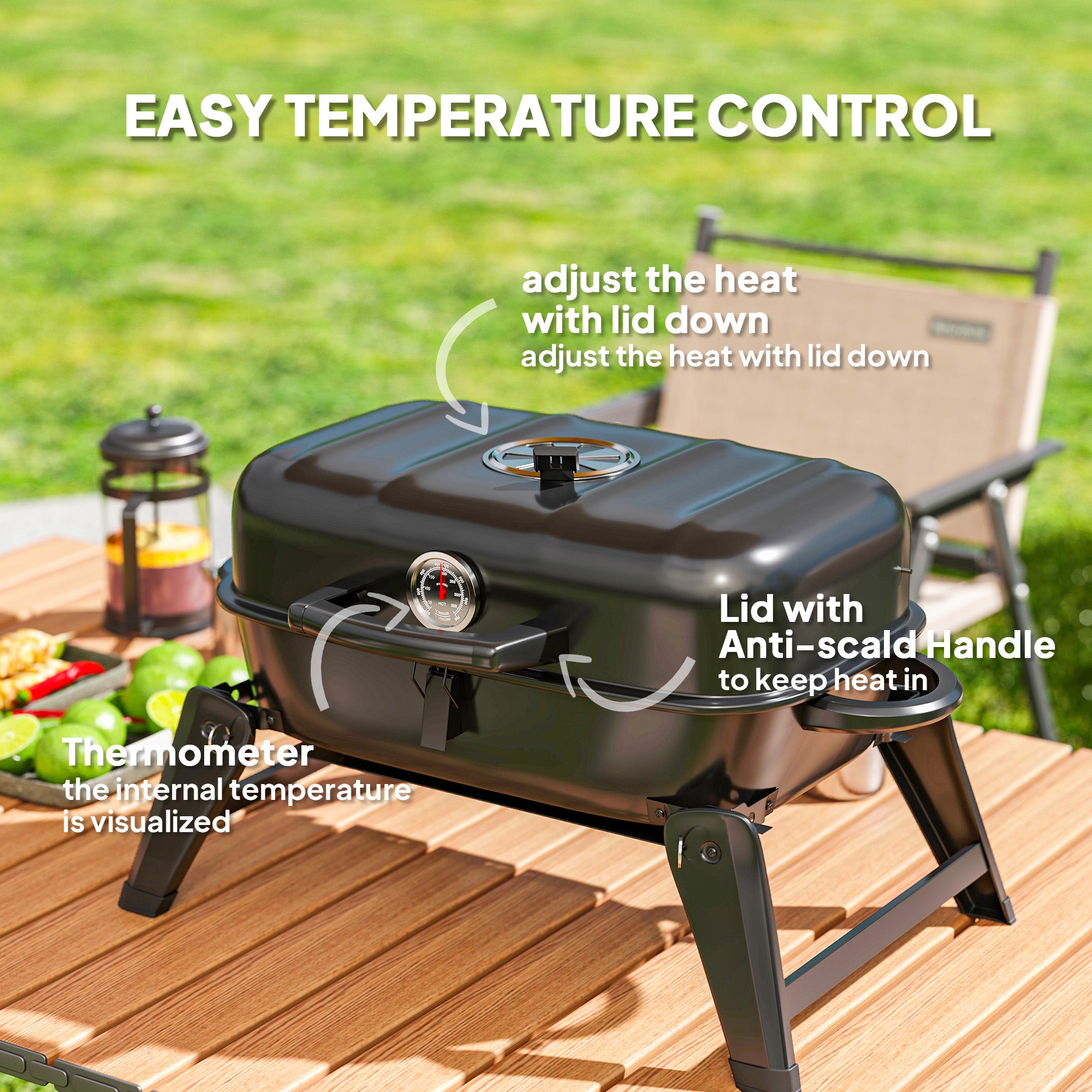 Outsunny Charcoal Barbecue Grill Folding BBQ Grill with 1232 cm² Cooking Area, Adjustable Vent, Thermometer, Handles for Camping Picnic, Black - North Peak Garden Furniture