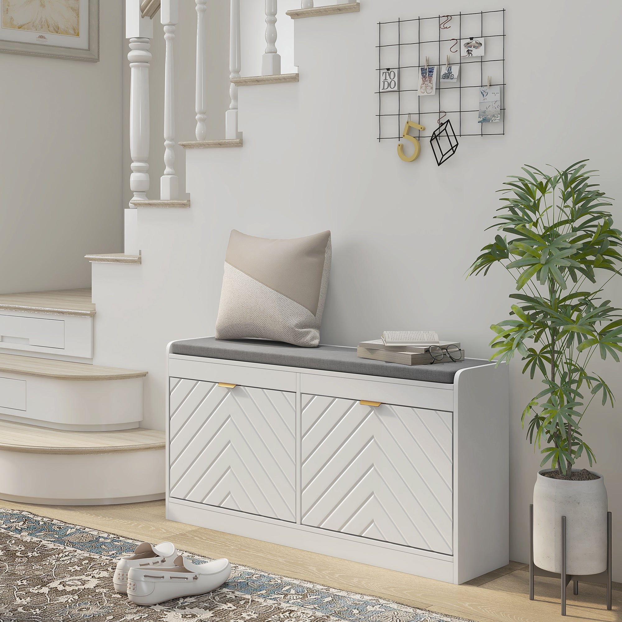 HOMCOM Shoe Storage with Seat, Upholstered Entryway Bench, Shoe Bench with 2 Flip Drawers and 2 Vents for 8 Pairs of Shoes - North Peak Garden Furniture