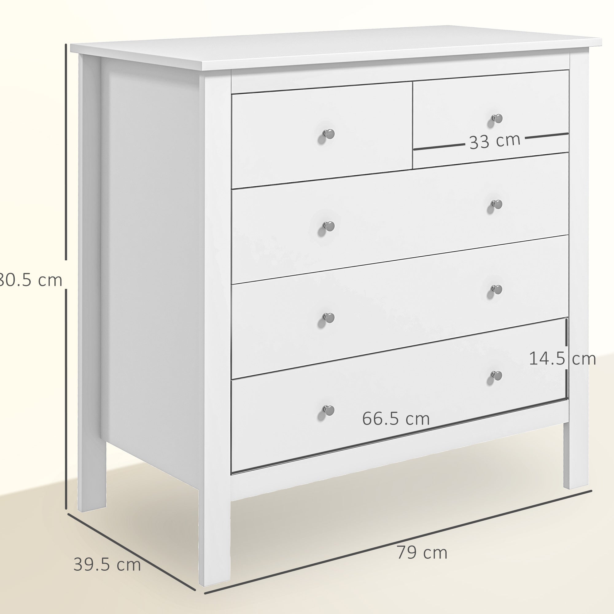 HOMCOM Modern Chest of Drawers, 5 Drawer Storage Cabinet with Metal Handles and Runners for Bedroom, White