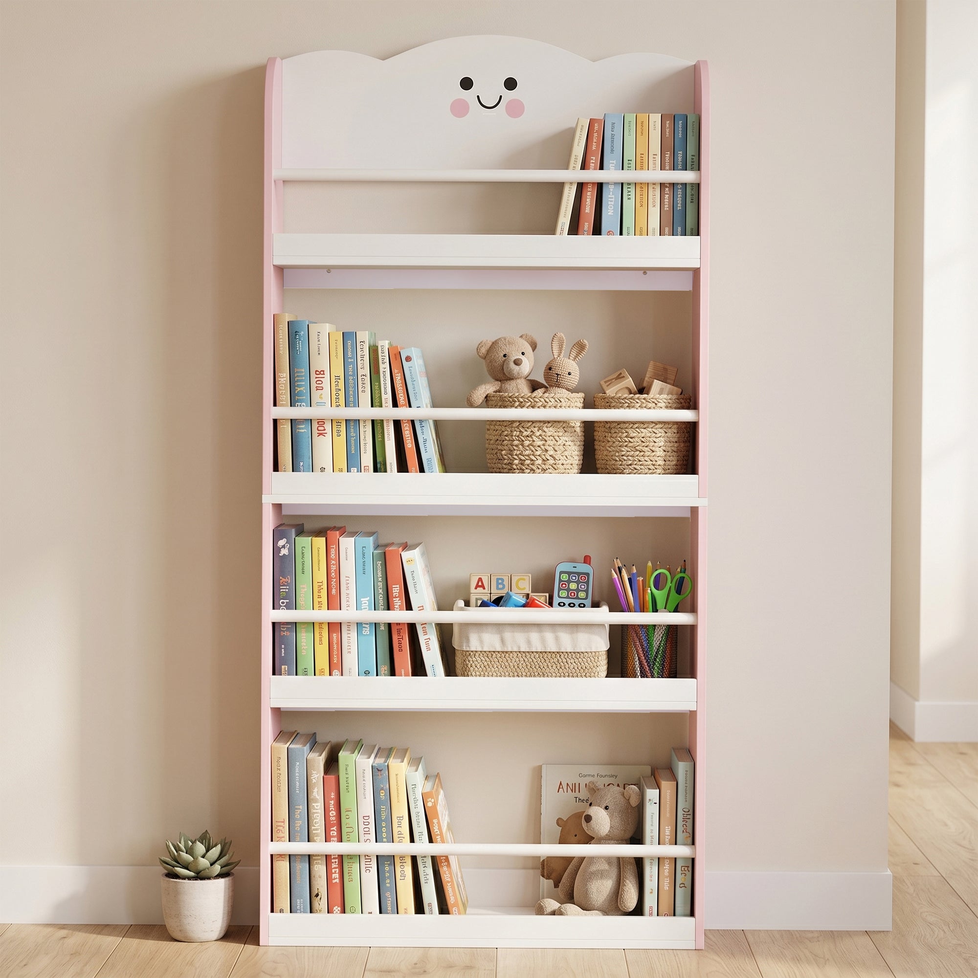 AIYAPLAY 4 Tier Kids Bookshelf, Children Bookcase with Anti-Tip Kit, Toddler Space-Saving Bookcase for Kids Room, Playroom, Pink