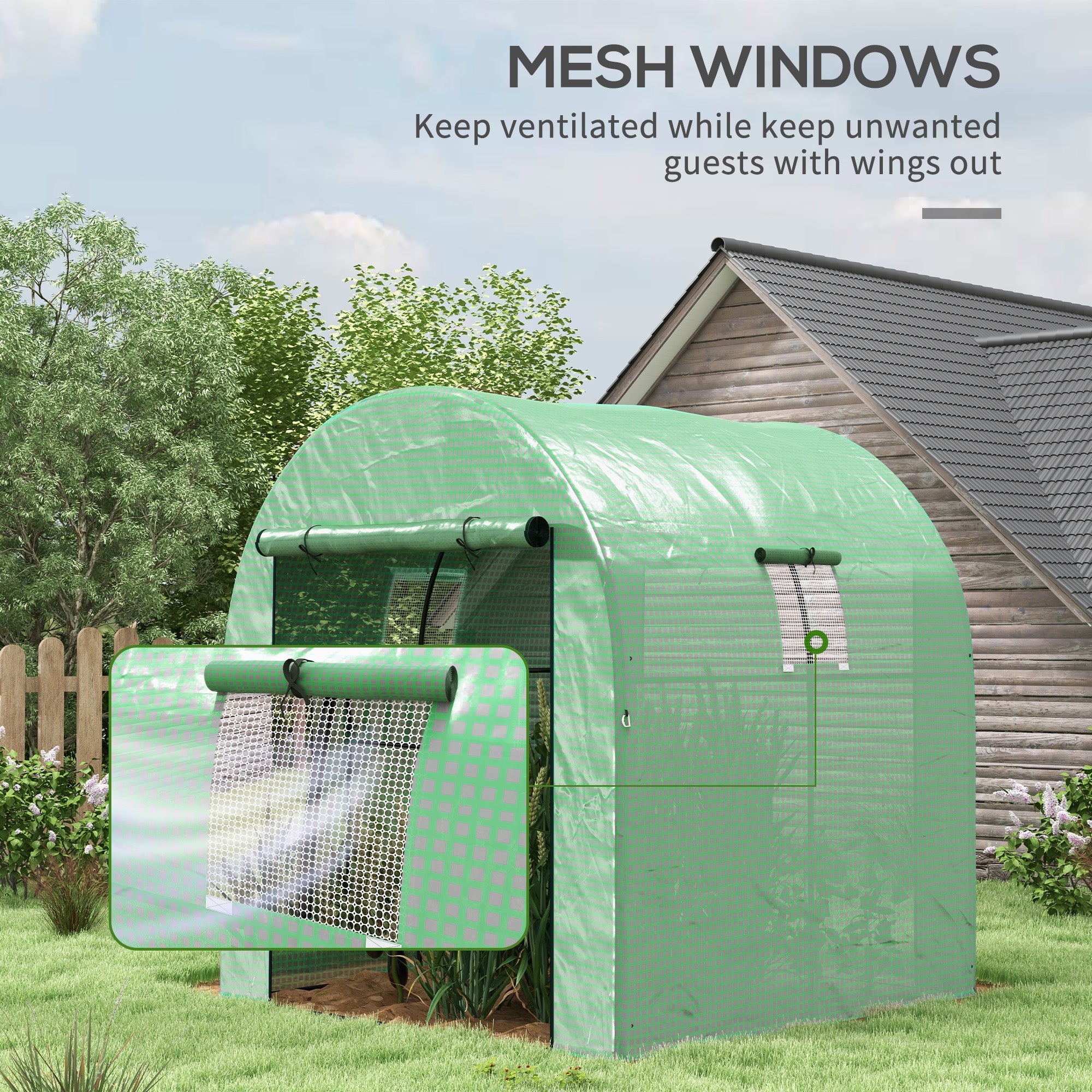 Outsunny Polytunnel Greenhouse Walk-in Grow House with UV-resistant PE Cover, Doors and Mesh Windows, 1.8 x 1.8 x 2m, Green - North Peak Garden Furniture
