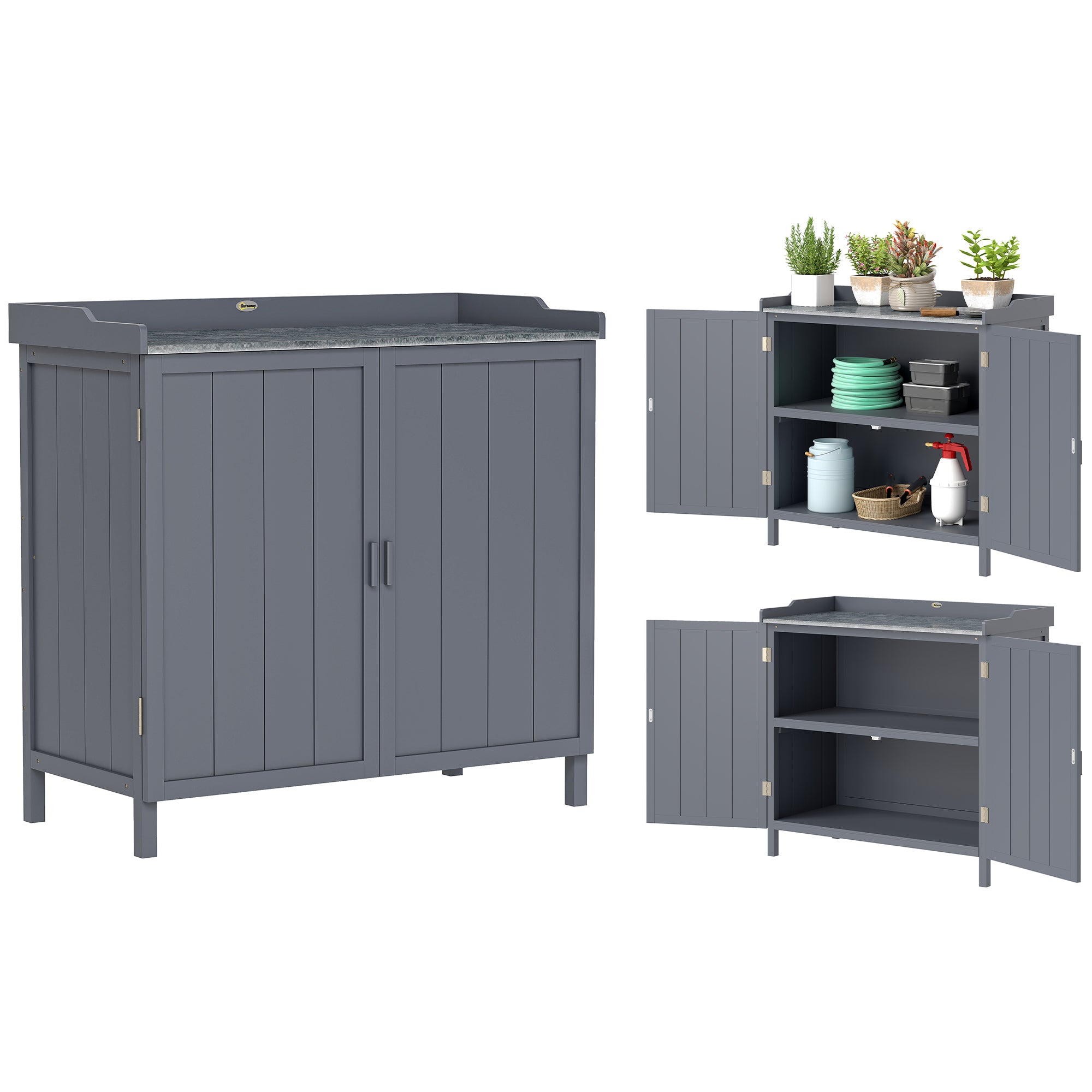 Outsunny Garden Storage Cabinet, Outdoor Tool Shed, Potting Bench Table with Galvanized Top and Two Shelves for Yard Tools or Pool Accessories, Grey