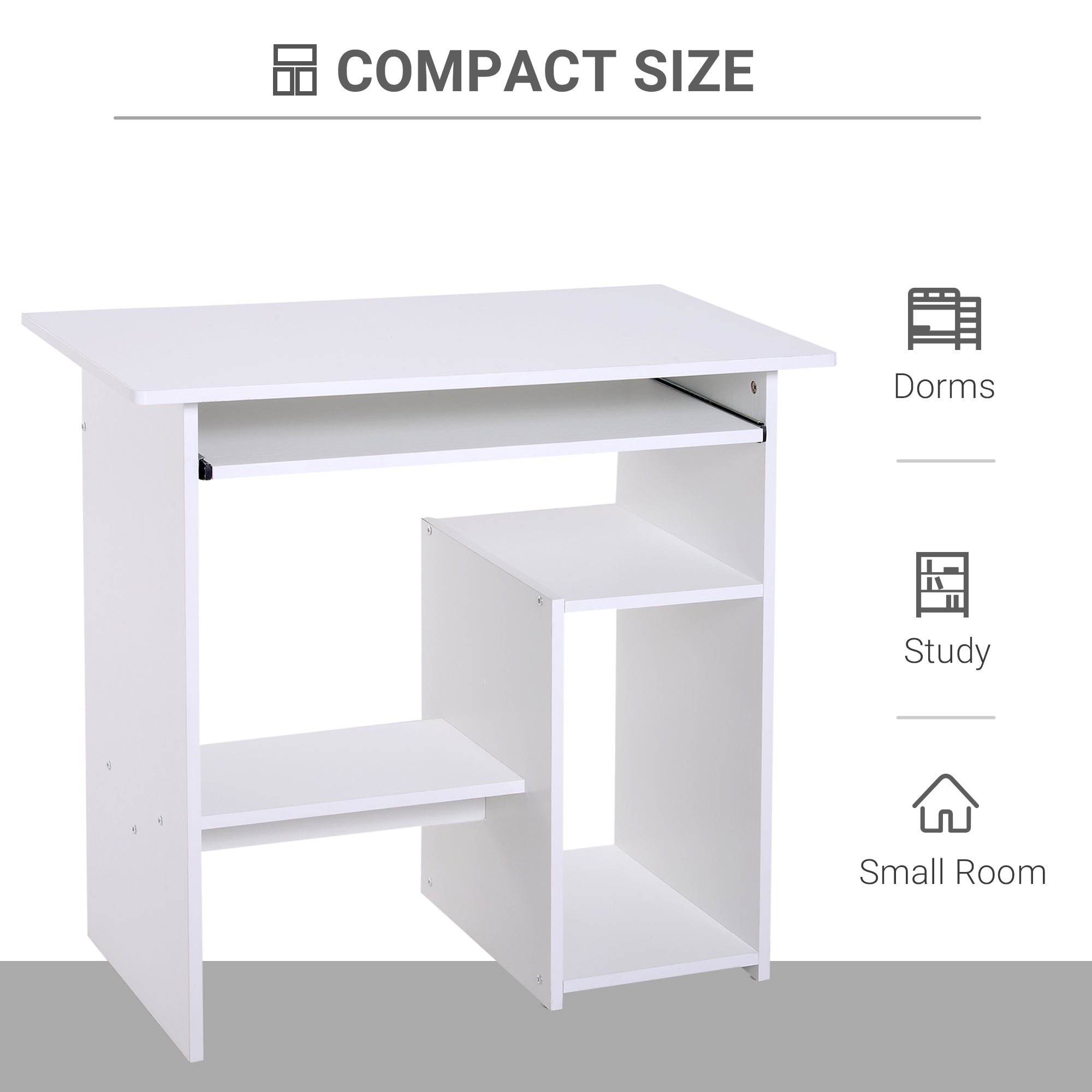 HOMCOM Compact Small Computer Table Wooden Desk Keyboard Tray Storage Shelf Modern Corner Table Home Office White - North Peak Garden Furniture