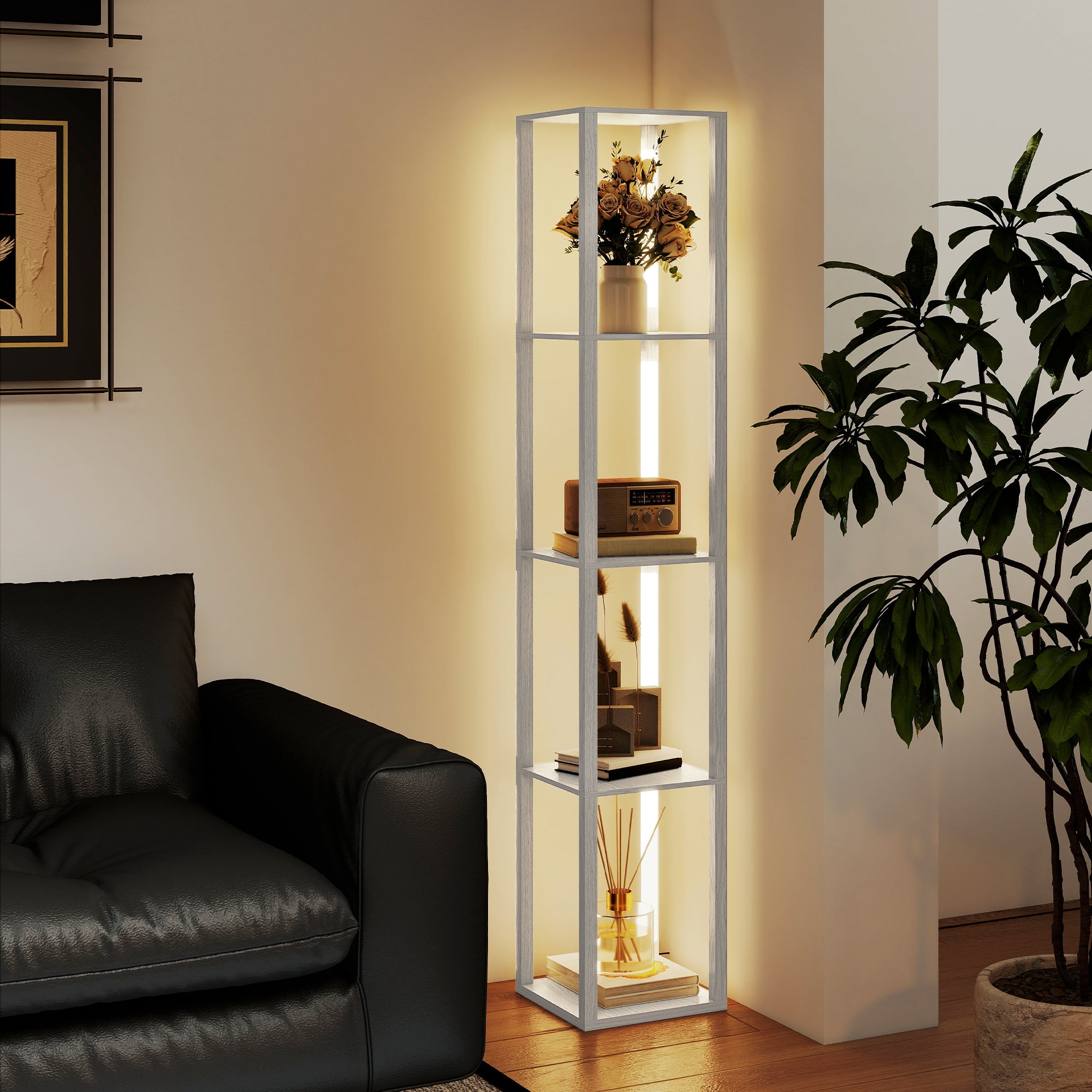 HOMCOM Floor Lamp with Shelves and 3 Brightness Levels - White