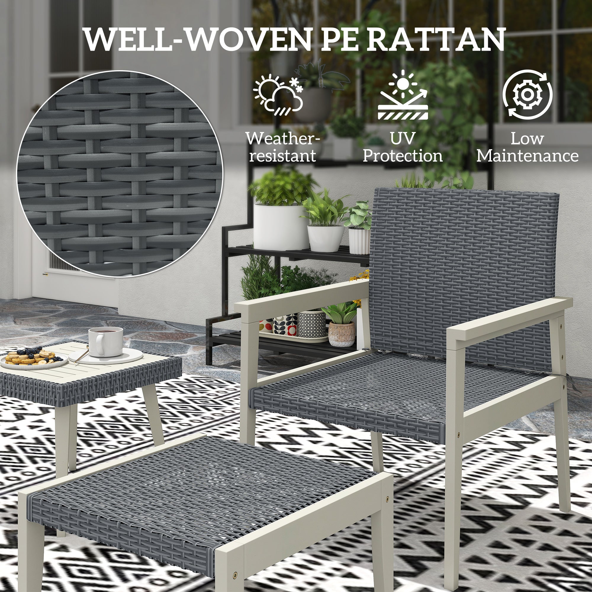 Outsunny 5 Pieces Rattan Garden Furniture Set, Patio Conversation Set with Cushions, Acacia Wood Top Coffee Table and Footstools, Outdoor Table and Chairs for Balcony, Terrace and Conservatory, Grey - North Peak Garden Furniture