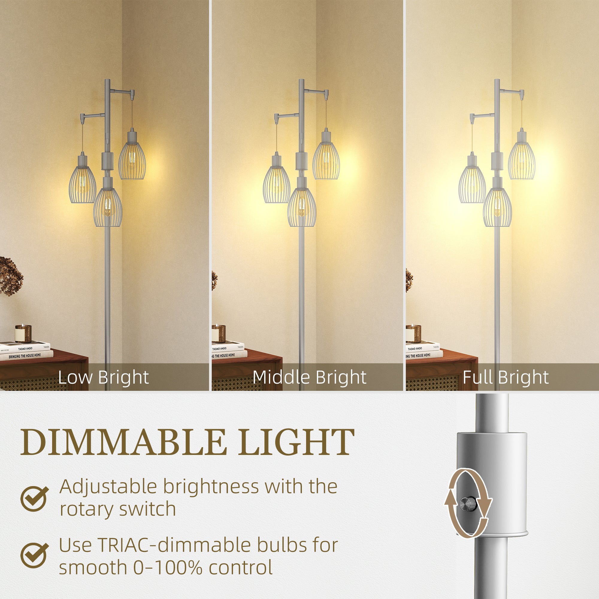 HOMCOM 3-Light Floor Lamp, 170cm Industrial Dimmable Standing Lamp with Steel Wire Cage Lampshades for Living Room, Bedroom, Dining Room, Study, Bulb Not Included, Silver Tone