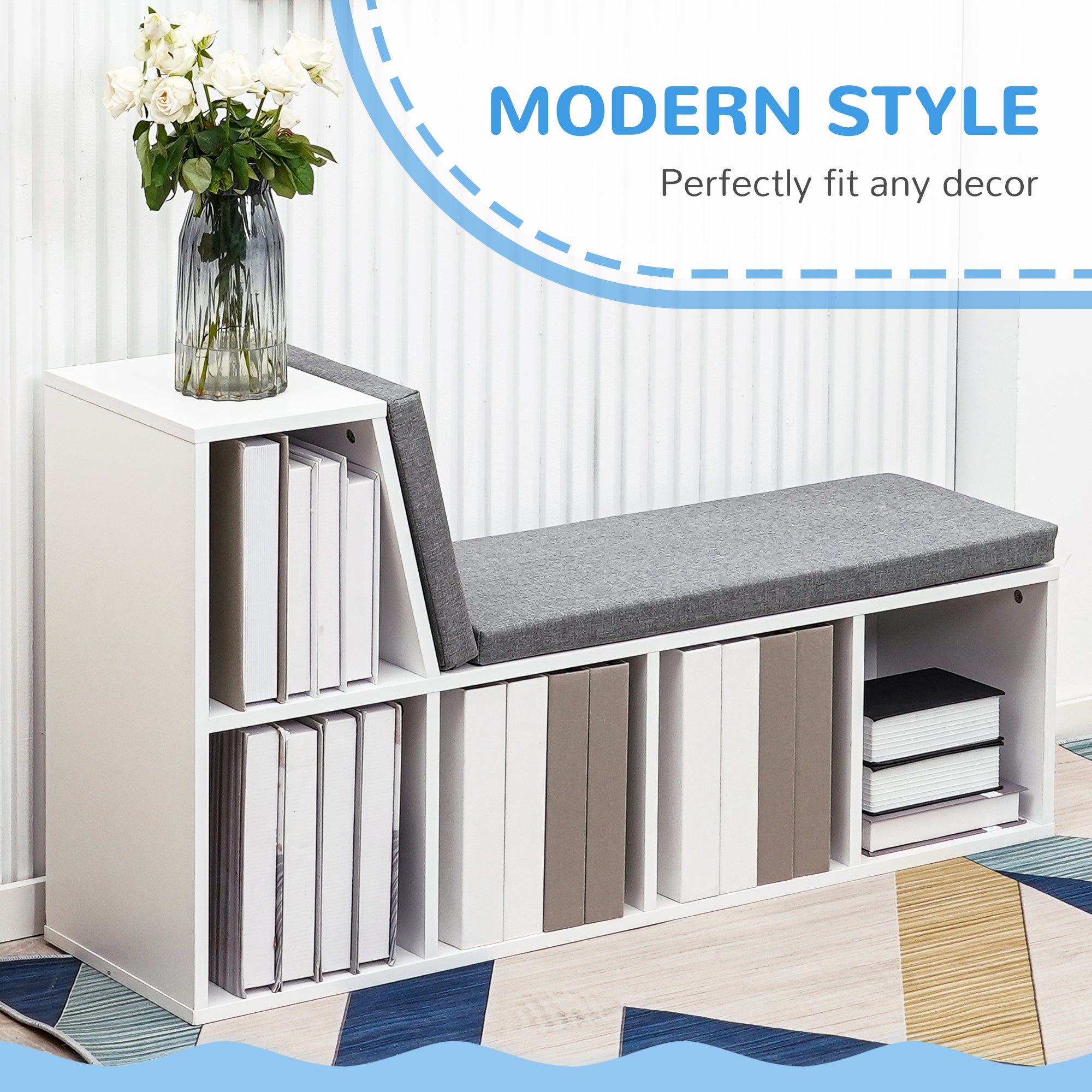 HOMCOM Bookcase Storage Shelf with Cushioned Reading Seat, Bookshelf Storage Cabinet for Study Living Room, White - North Peak Garden Furniture